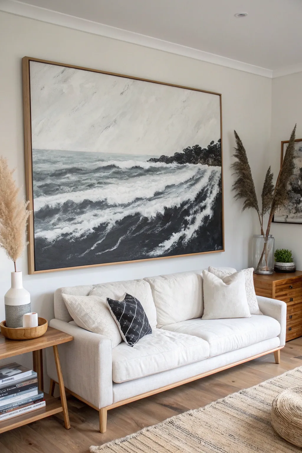 Bold black brushstrokes on a crisp white canvas for a dramatic minimalist living room focal point