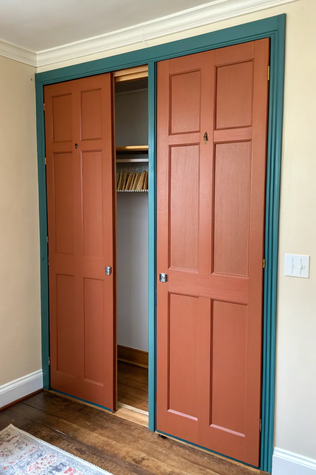 Closet doors in a bold pop color with crisp tape lines and a peek inside for DIY inspiration.