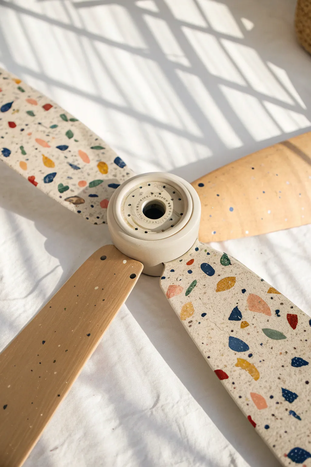 Terrazzo confetti speckles on a neutral fan blade for a chic Scandinavian boho refresh