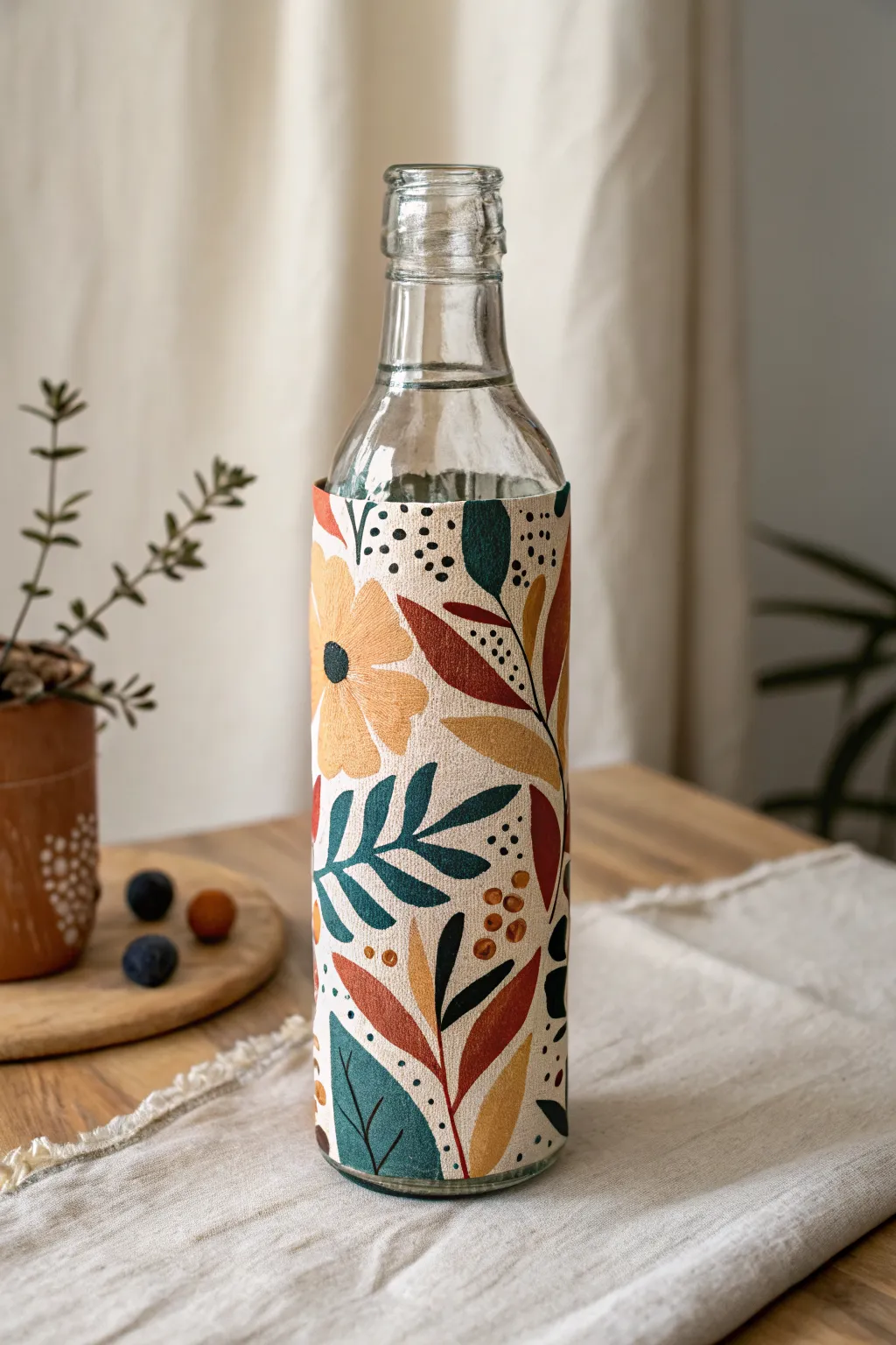 Decoupage bottle in bold florals and abstract layers, styled minimal with soft boho craft vibes