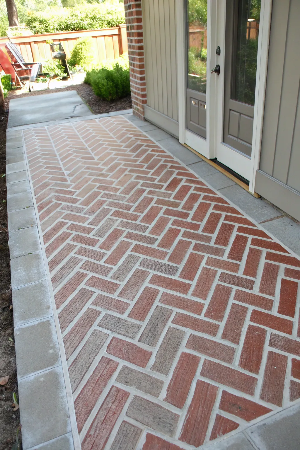 Herringbone stencil brick look on concrete, softly weathered with a foam roller and stencil nearby
