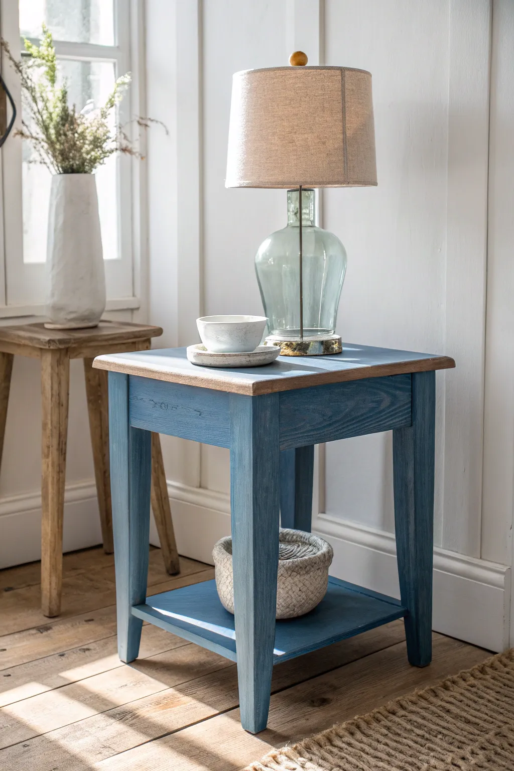 Coastal blue painted end table in bright natural light with clean minimalist boho styling
