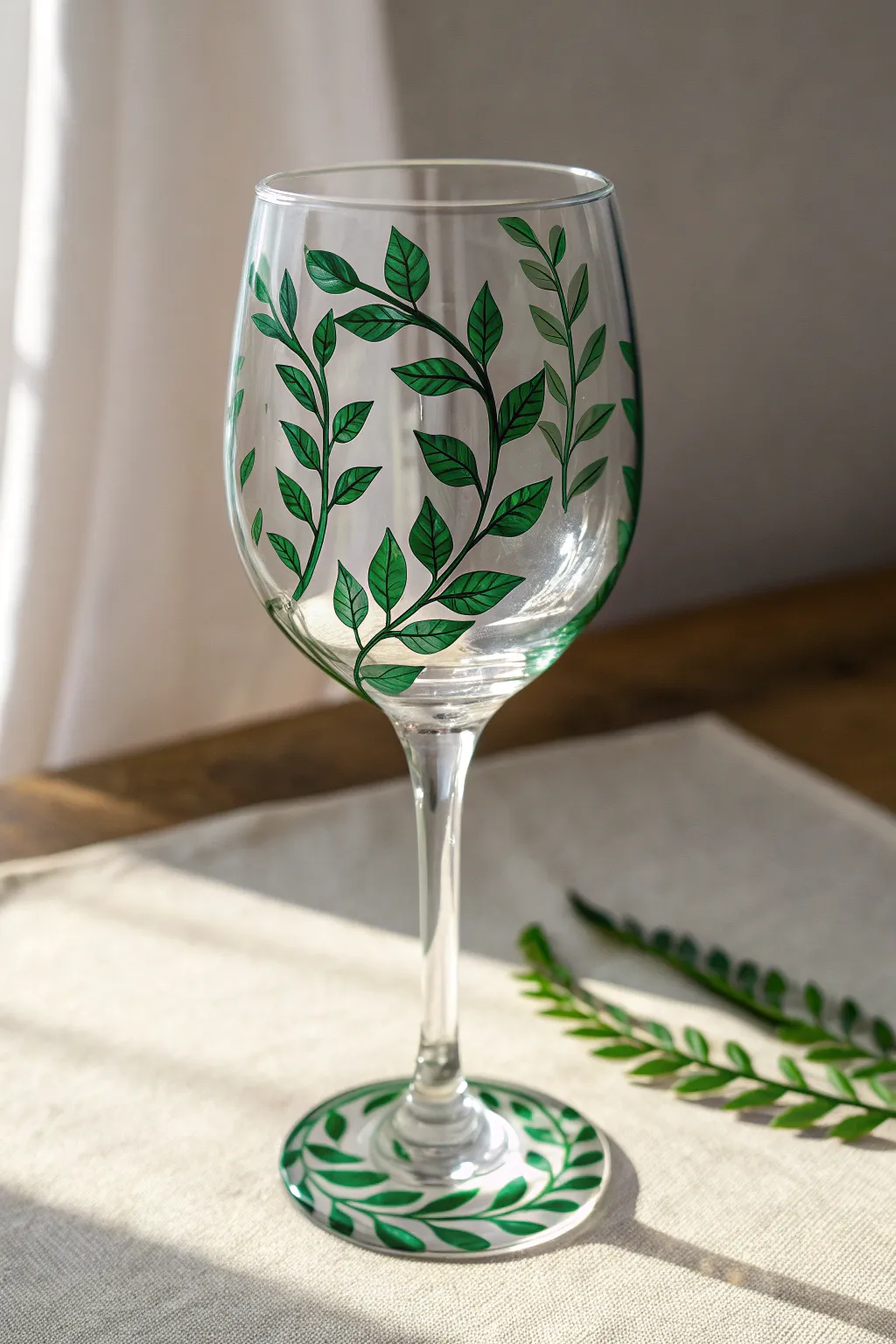 Minimal vine-painted wine glass DIY: Scandinavian clean lines with a bold emerald twist