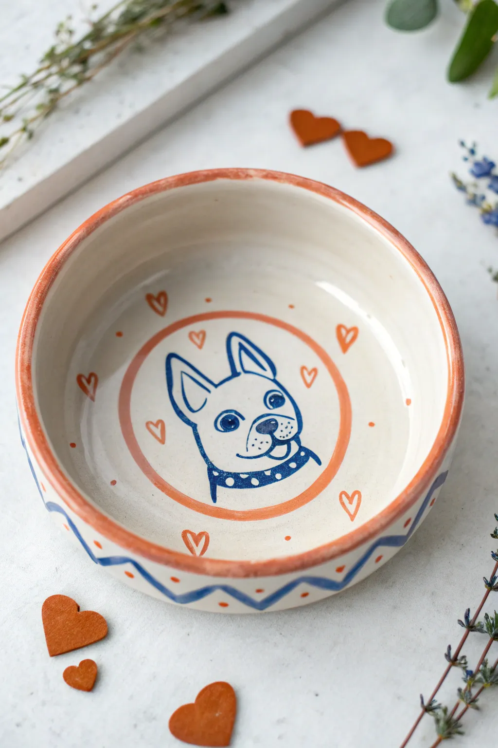 Bold cartoon pup portrait in a clean circle on a hand-painted ceramic dog bowl base with tiny hearts