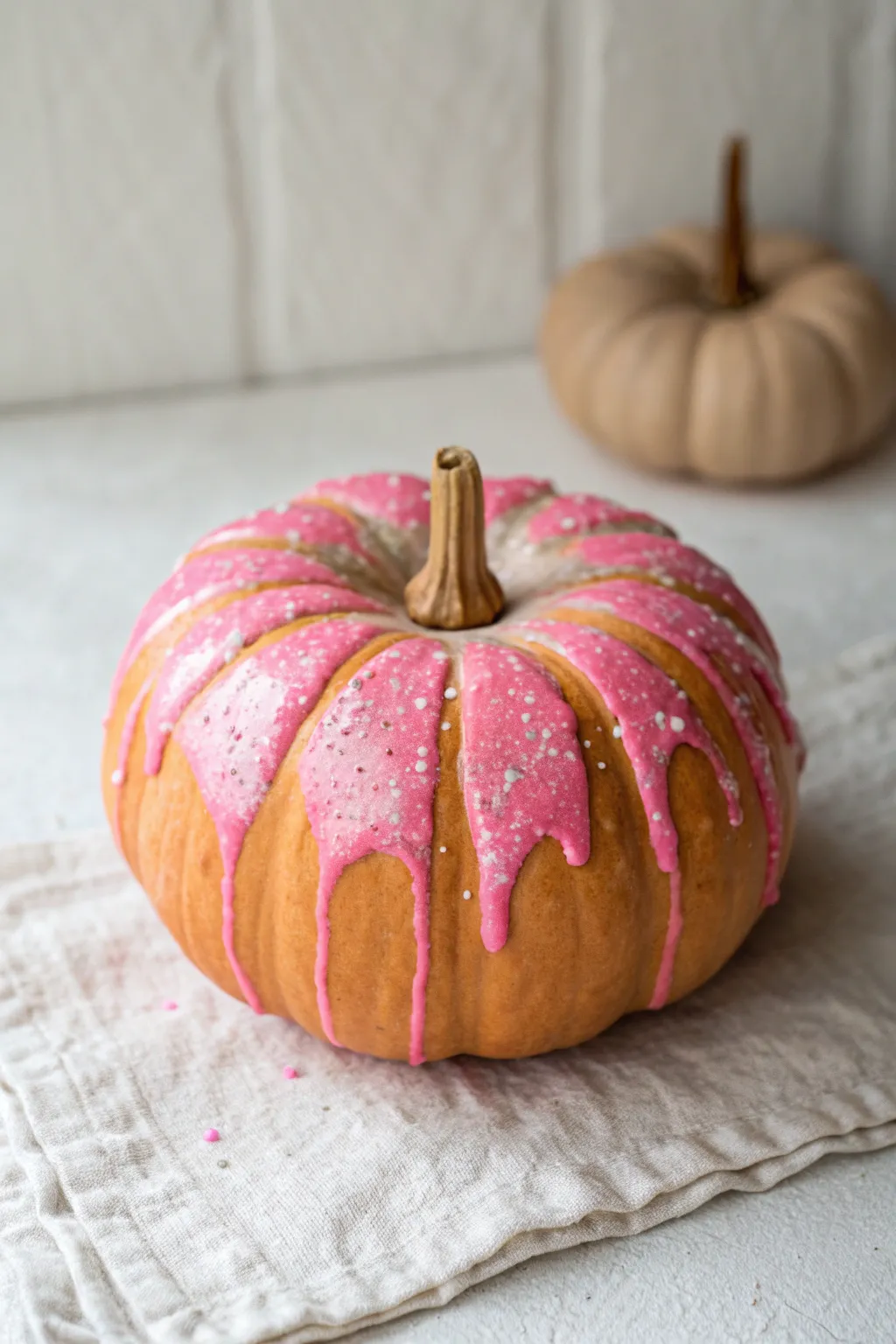 Glitter-glazed donut pumpkin shines against a minimal backdrop for sweet, sparkling fall decor.