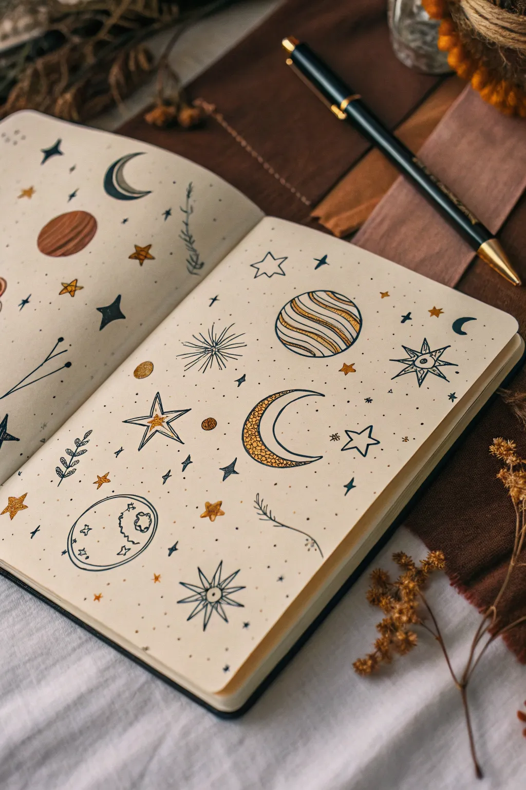 Dreamy star, moon, and planet scatter doodle page in bold indigo and gold, minimalist boho vibe