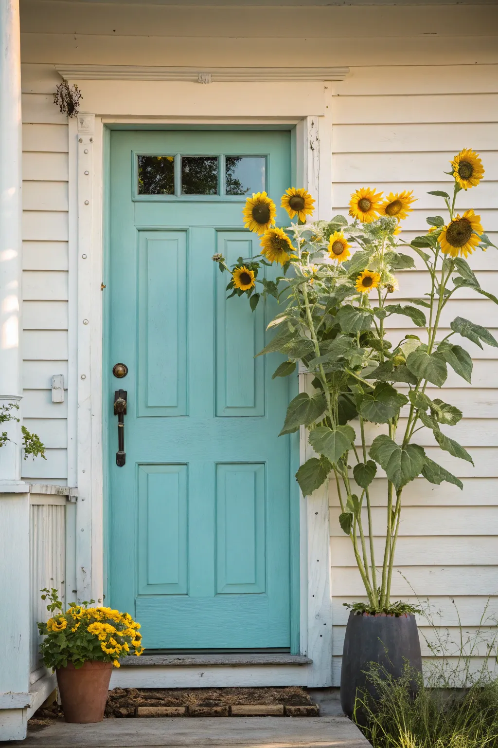 Bring the garden indoors with a bold sunflower sky door mural, crisp, minimal, and handmade.