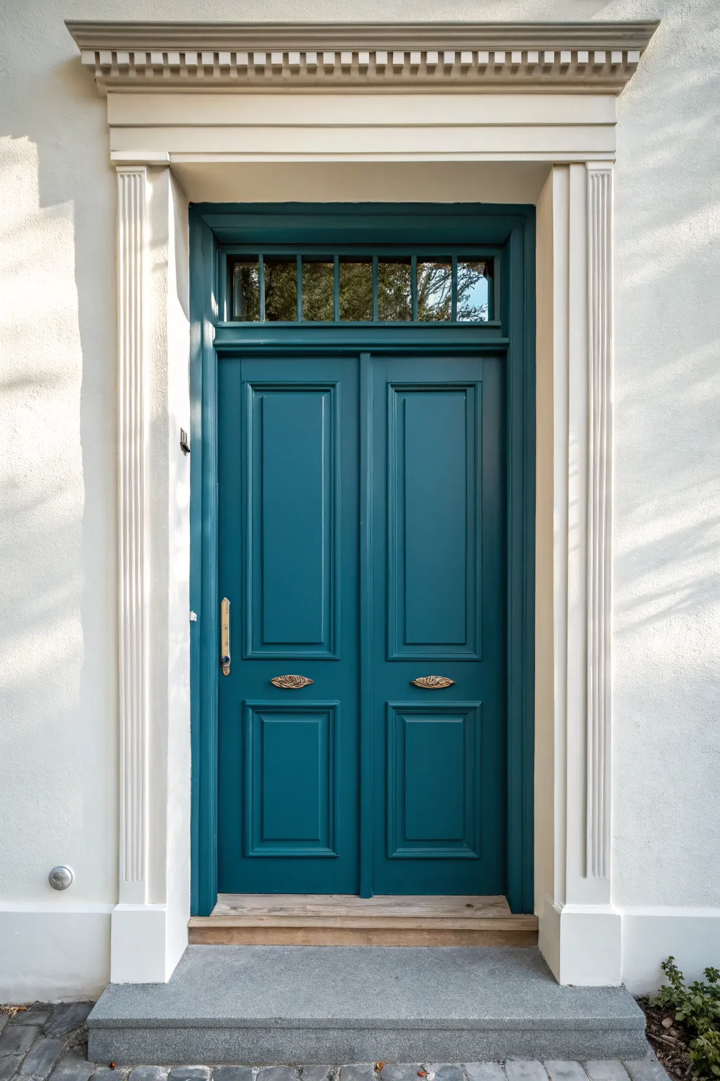 Contrasting painted panels make the door architecture pop in a crisp Scandinavian palette.