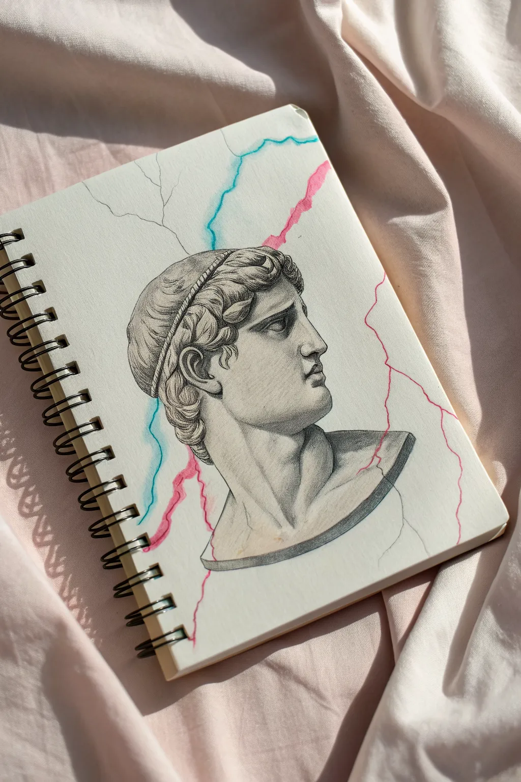 Sketch this broken statue head with neon cracks for an electric minimalist-boho vibe
