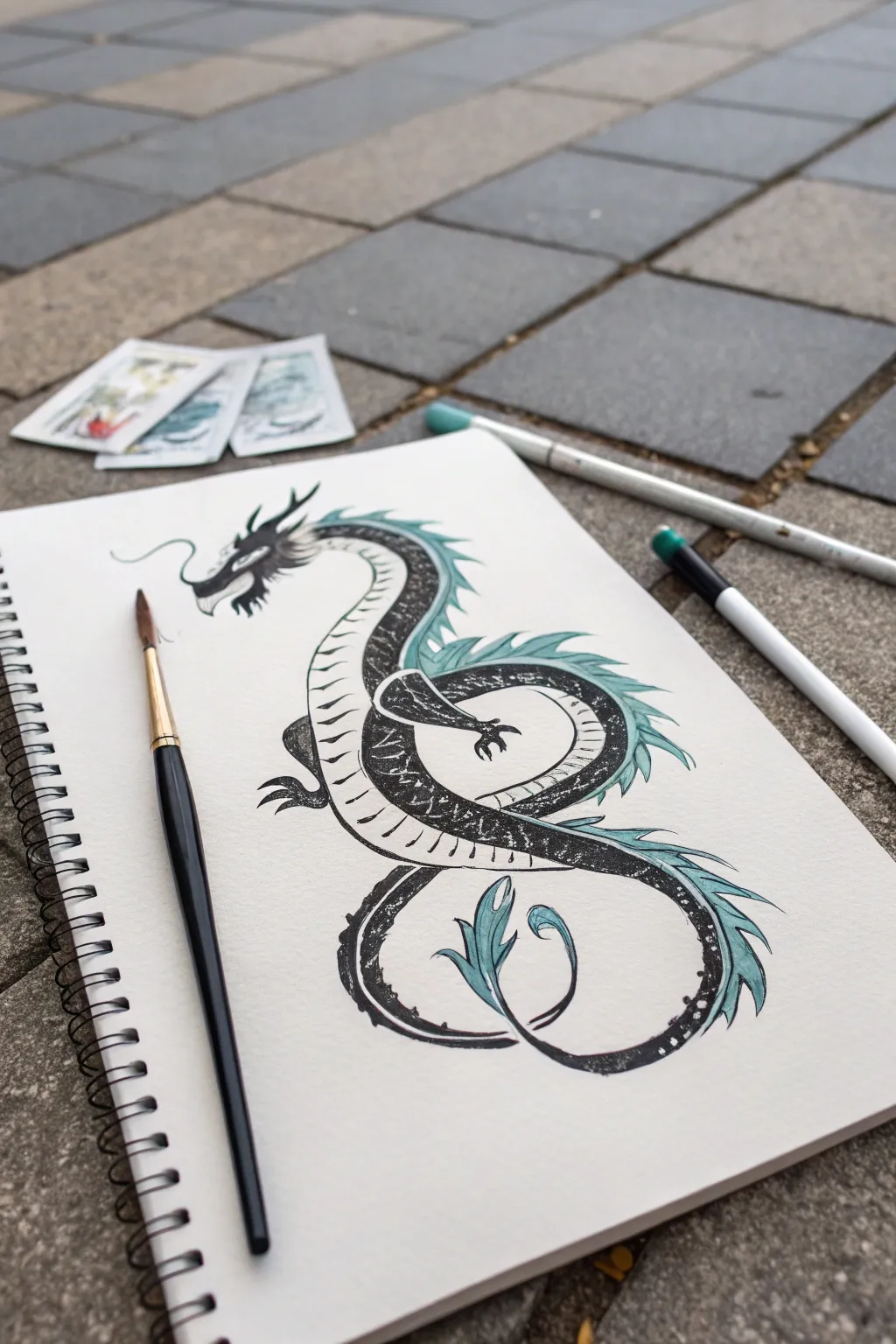 Ink-and-wash serpentine dragon with bold calligraphic lines and soft gray depth