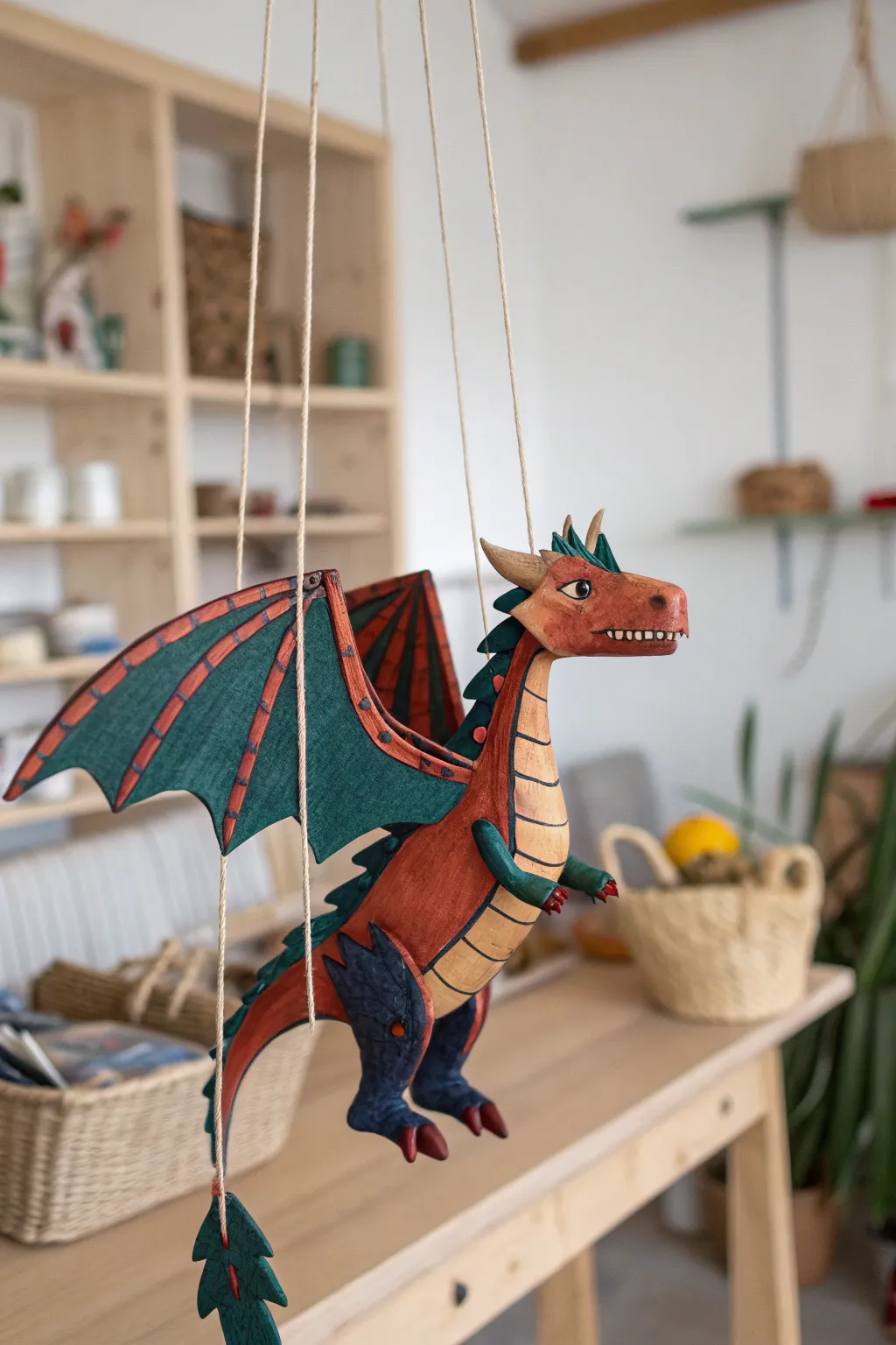 Simple string-jointed dragon marionette floating above a clean craft table, bold and handmade.