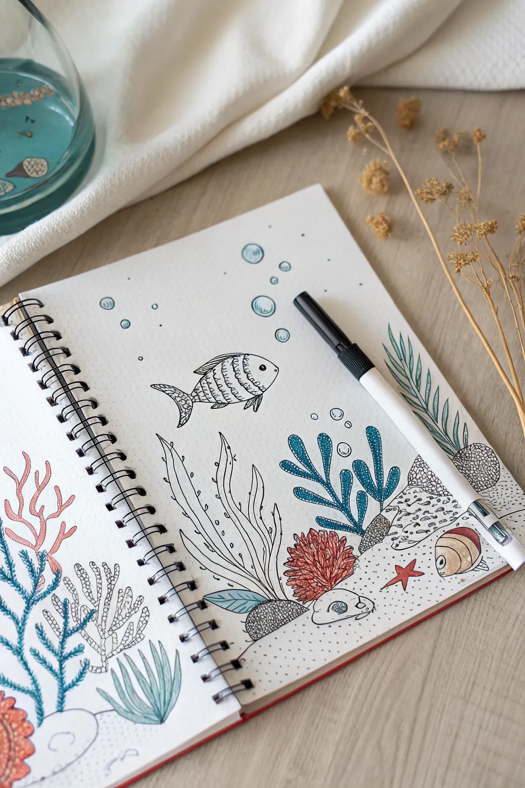 Funky fineliner underwater scene in bright teal and blue, a minimalist boho coloring idea