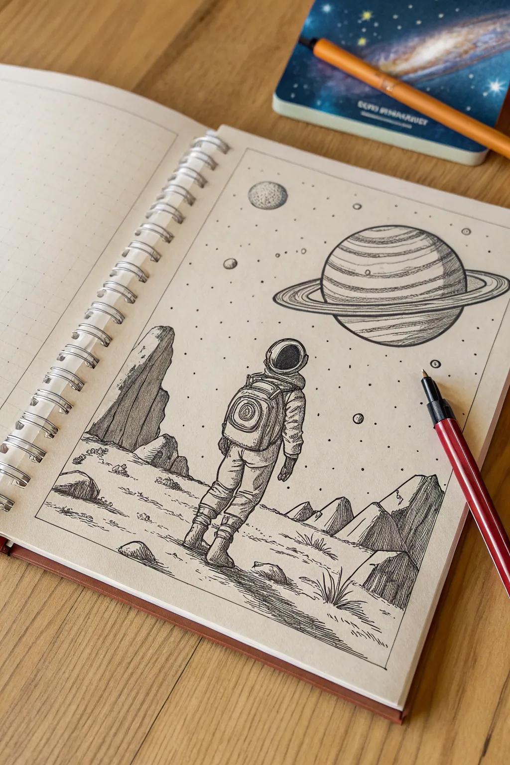 Space adventures sketch prompt: astronaut on an alien world under a bold ringed planet