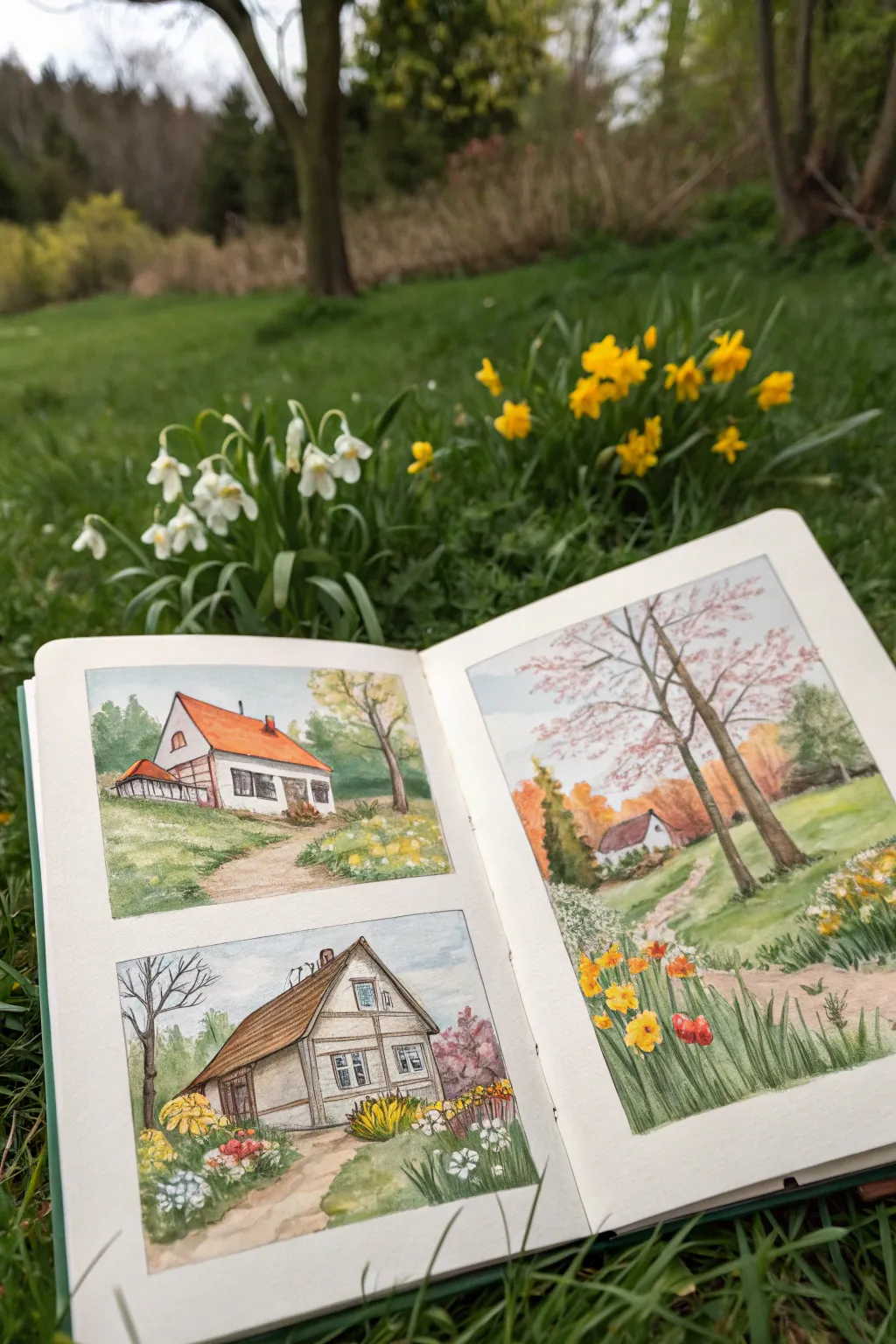 Four-season cottage painting idea: one cozy cabin, spring to winter, simple and bold
