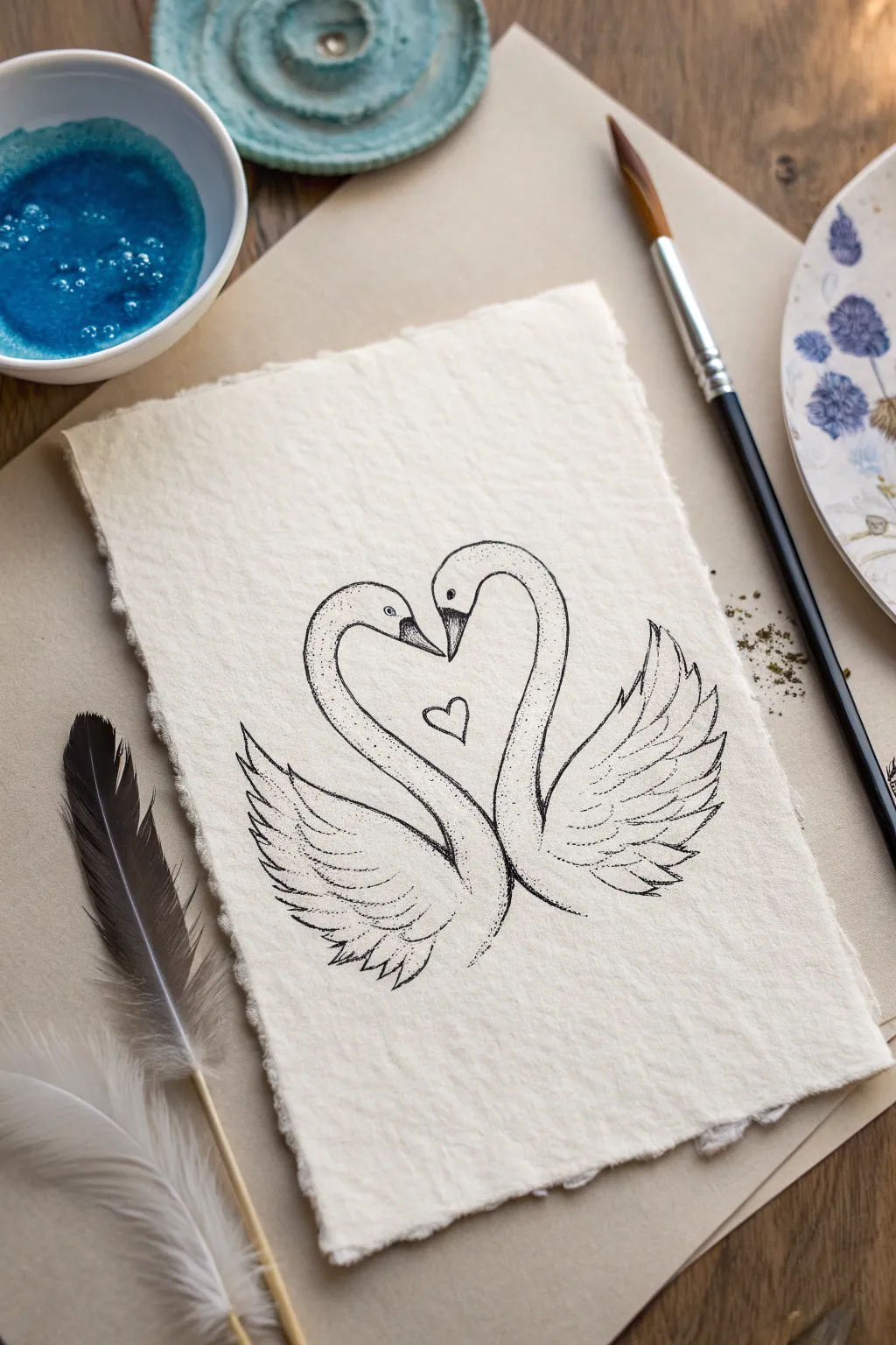 Two swans, one heart: a minimalist bird drawing idea with soft shading and bold color pop.