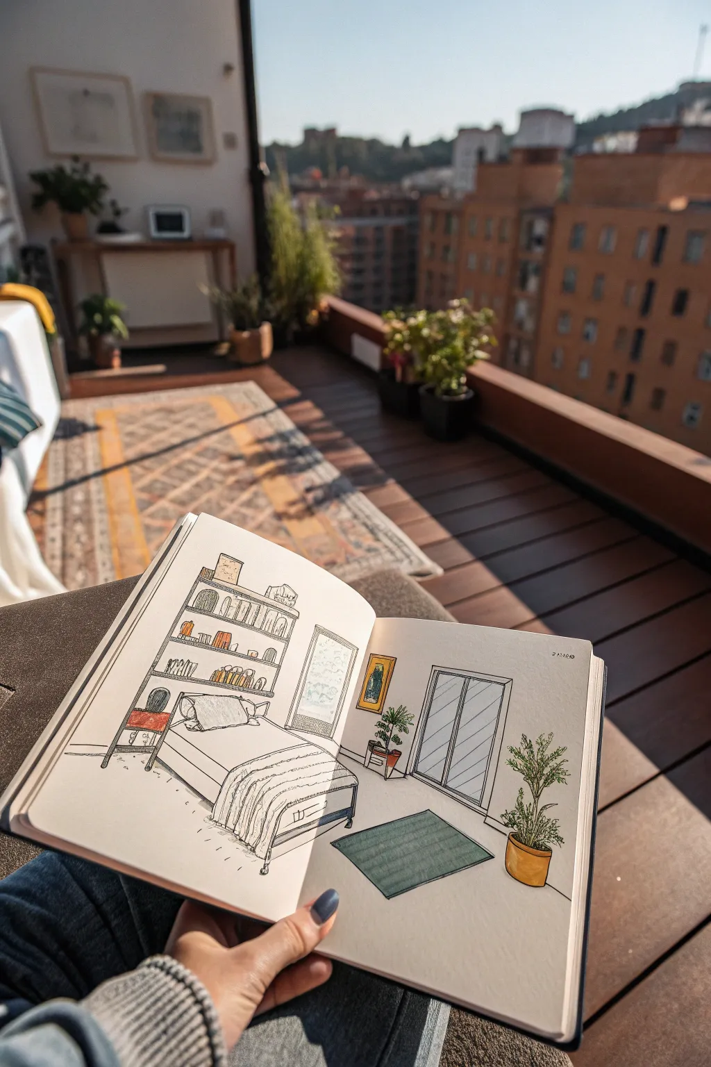 One-point perspective bedroom sketch on a clean page, cozy Scandinavian boho vibe, easy to draw.