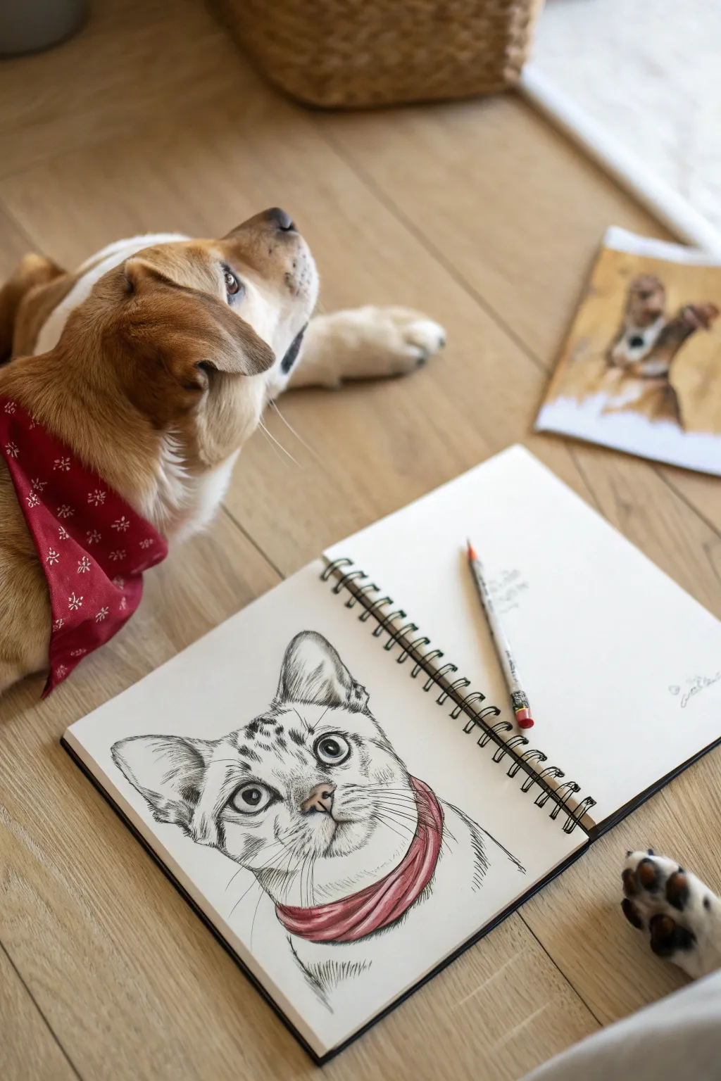Playful pet portrait sketch with bold bandana and warm-up studies for teen artists