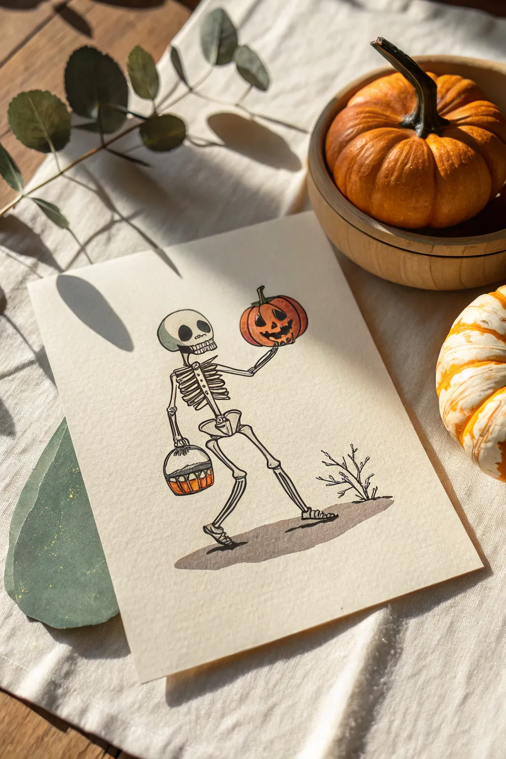 Wholesome Halloween sketch: a happy skeleton offering pumpkin candy in bold minimalist style.