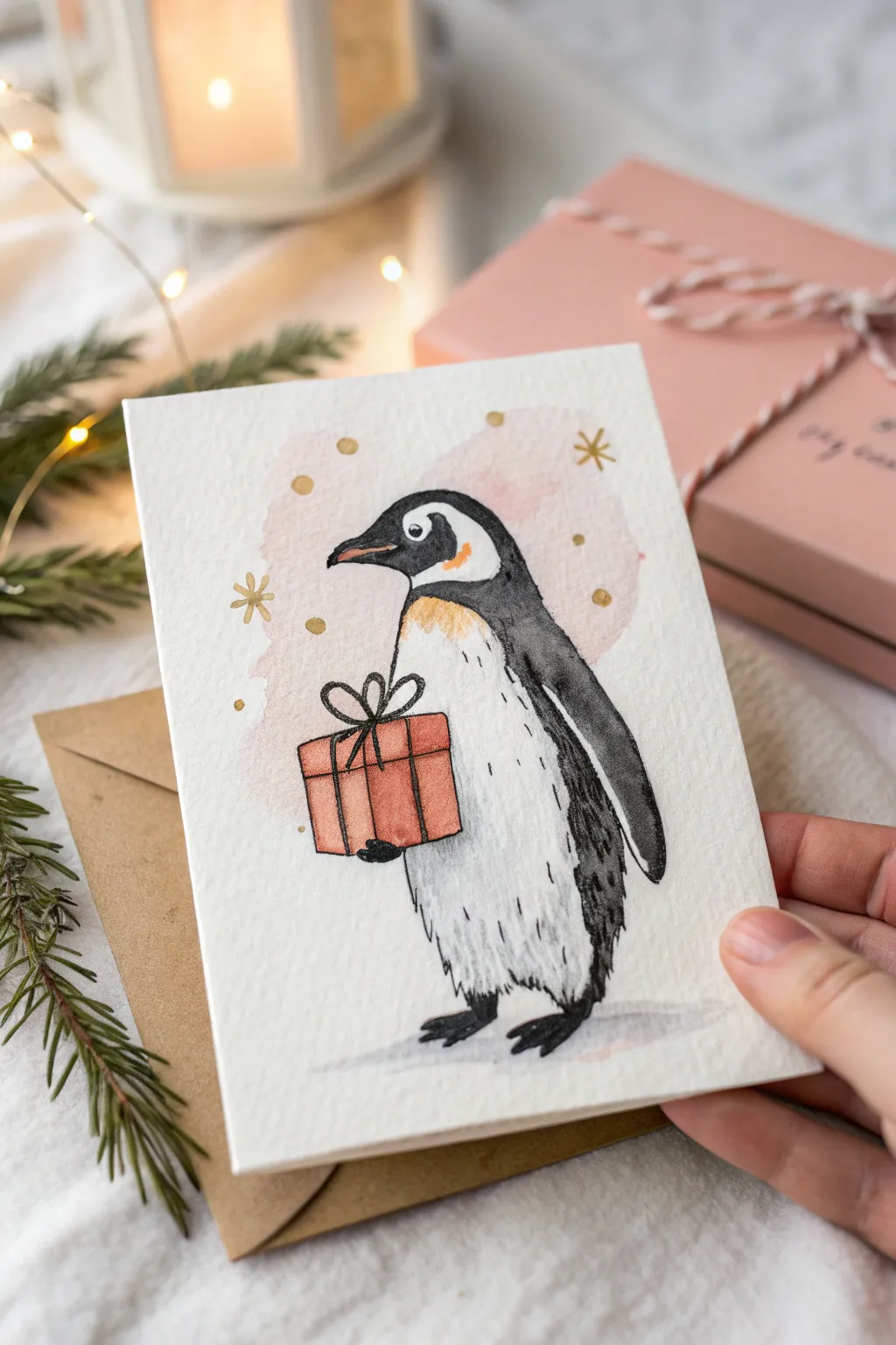 Sweet minimalist penguin holding a tiny gift, bold shapes and cozy Nordic-boho color pop.