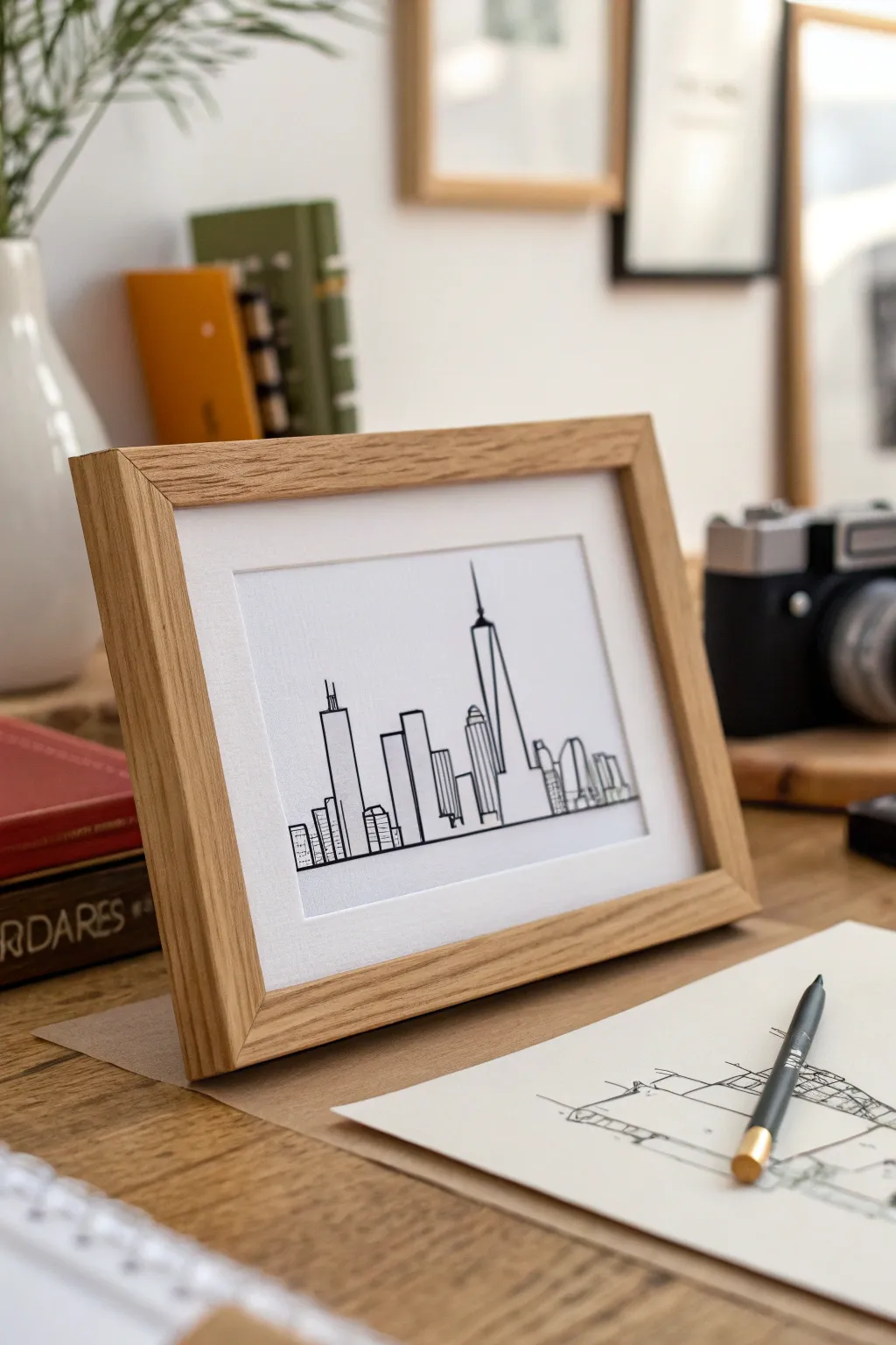 Bold ink skyline duo in an oak frame, ideal for a collectible city sketch series to sell