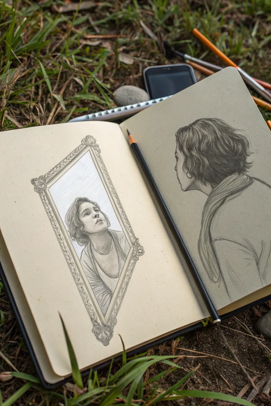 Self-portrait mirror sketch idea: simple frame, soft reflection, bold minimalist color accents