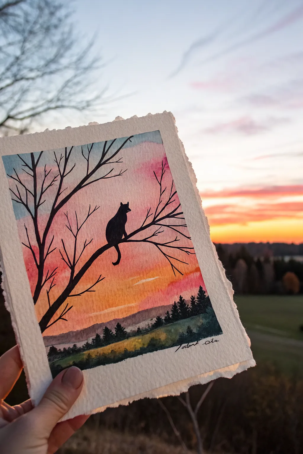 Simple cat silhouette on a branch with a bold sunset wash for an easy paint idea