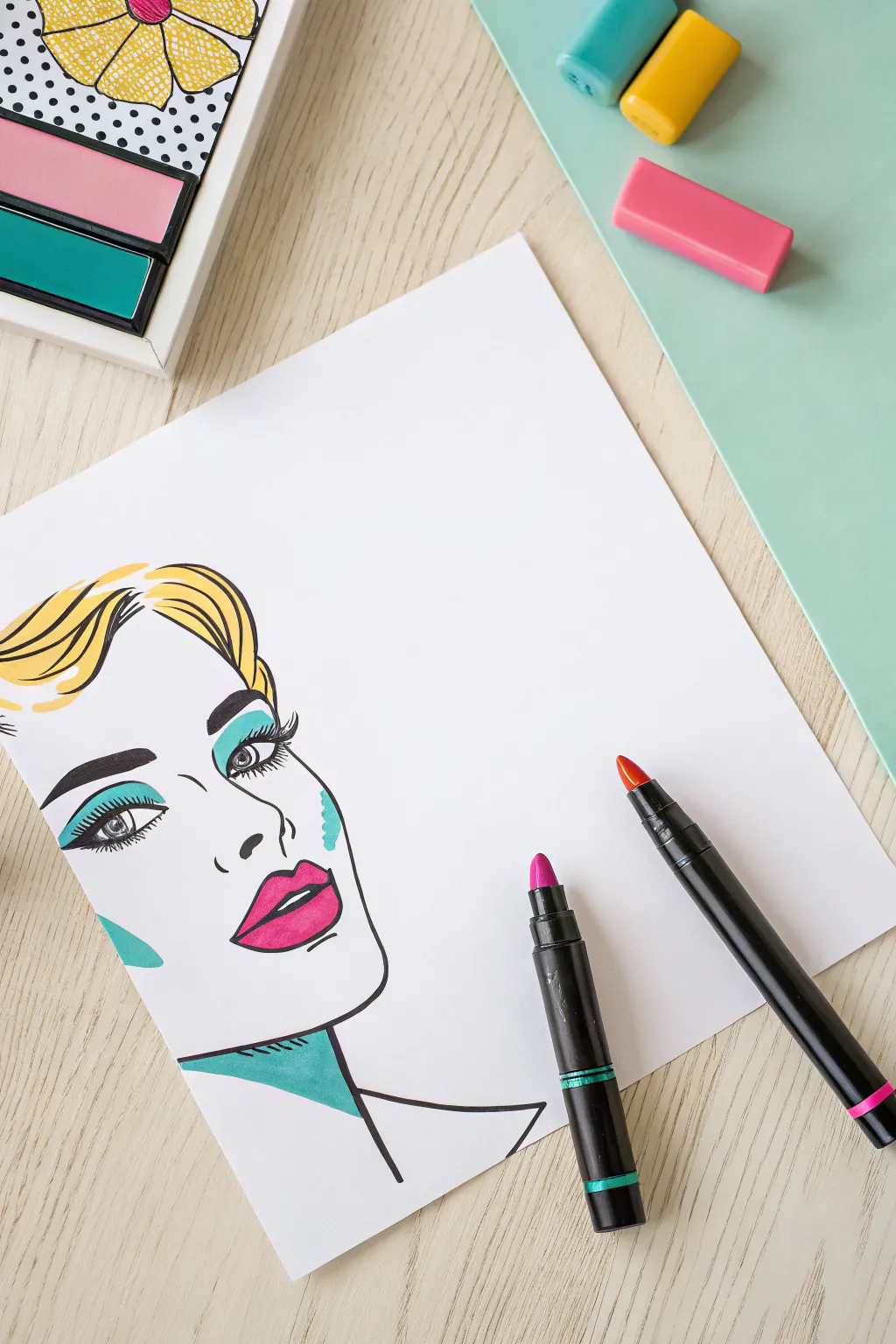 Bold pop-art marker portrait with teal shadows and magenta lips, crisp high-contrast color blocks