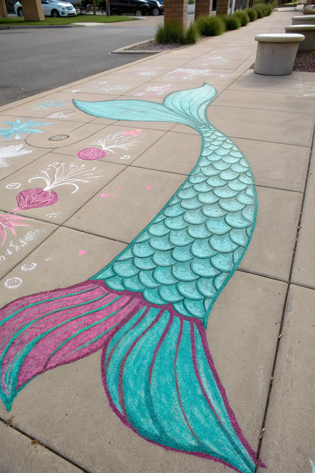 Life-size chalk mermaid tail with bold shimmer scales, perfect for a dreamy pose-in photo moment
