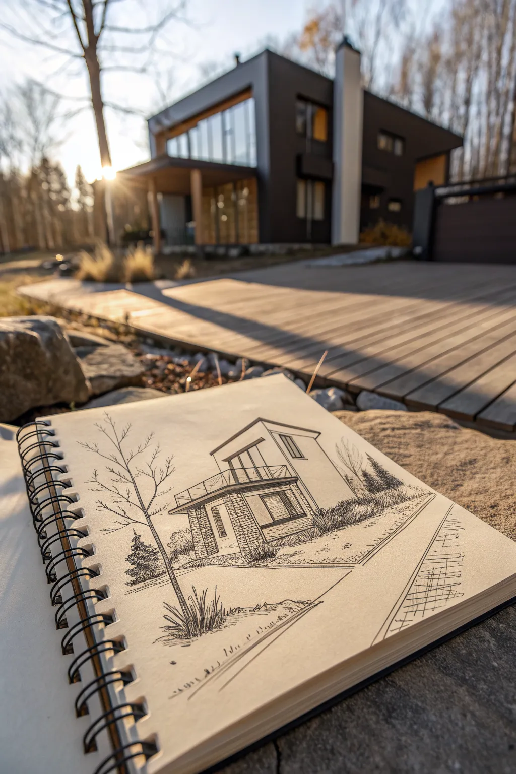 Warm light and bold shadow planes on a minimalist modern house sketch with striking graphic contrast.