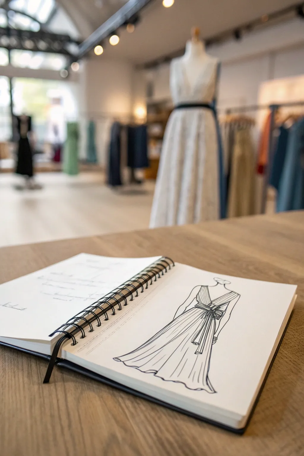 Minimal wrap gown sketch with bold color wash and a tied waist, crisp lines and real fabric tension