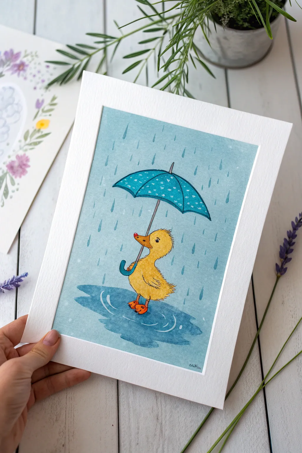Rainy Day Duck painting idea: cheerful umbrella duck with puddle reflections in bold minimal colors.