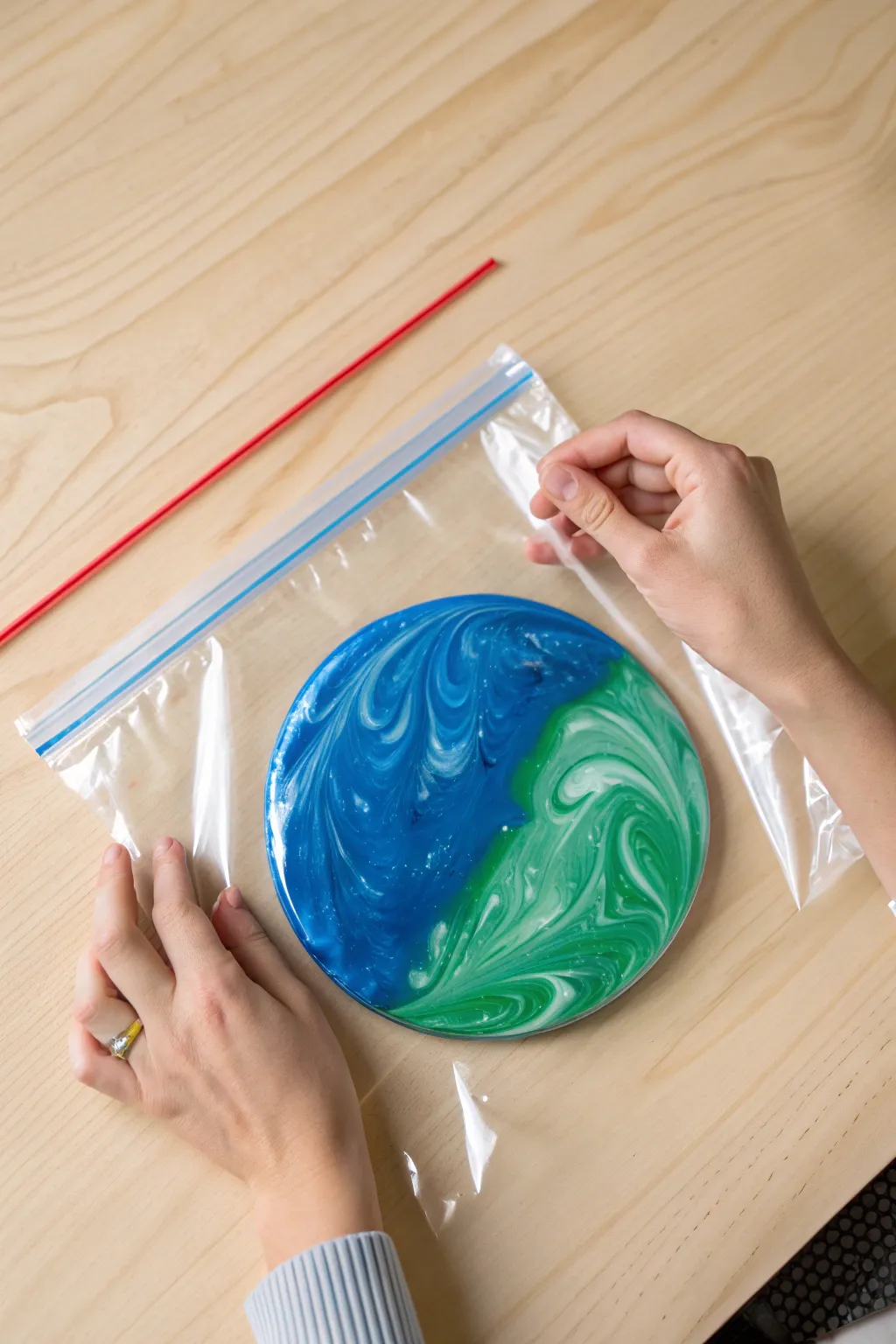 No-mess Earth painting: press and swirl blue and green paint in a sealed bag for a marbled globe.