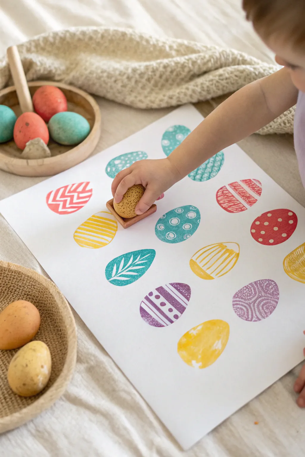 Potato-stamped Easter eggs in bold paint—easy toddler craft with a clean Scandinavian boho vibe