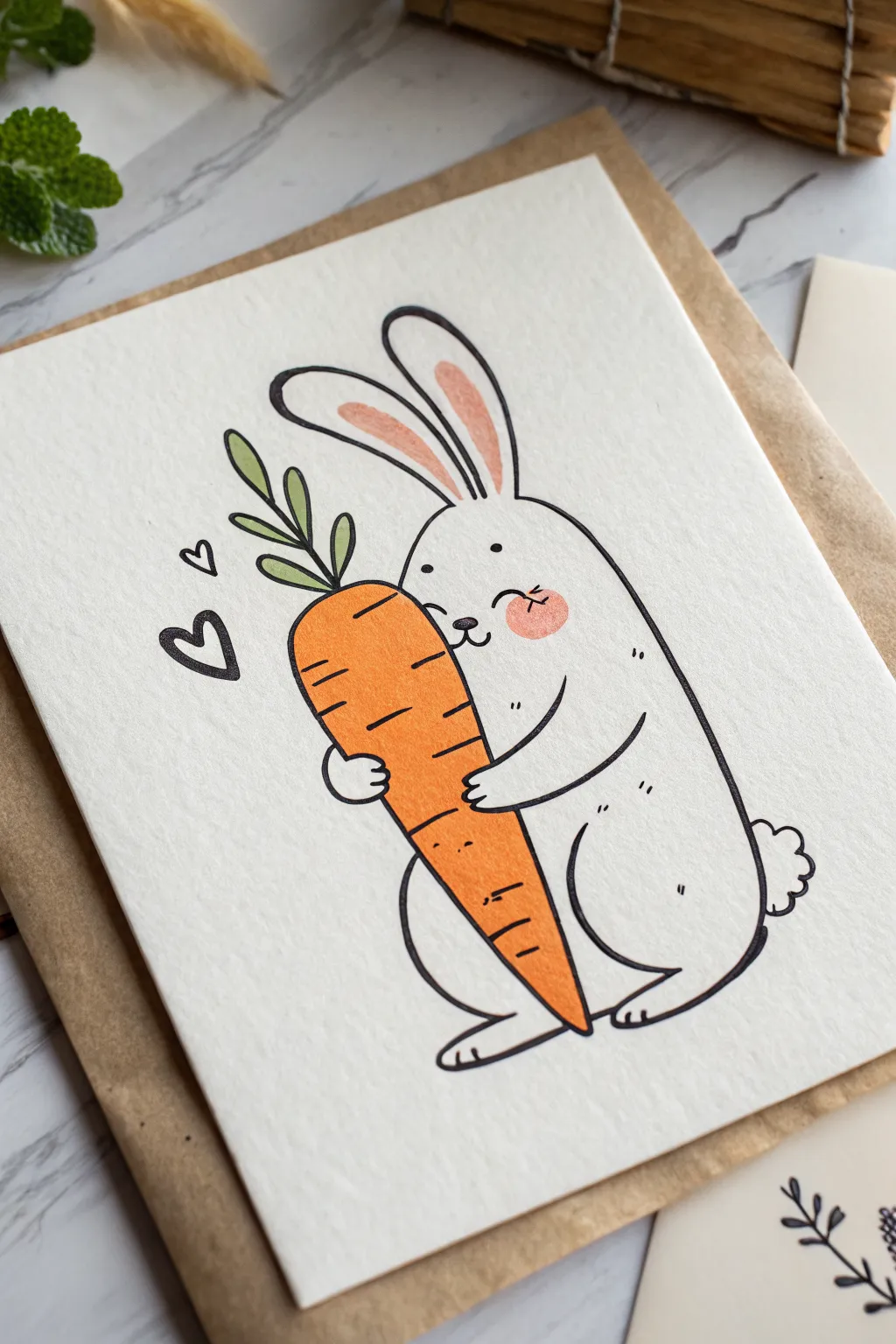 Easy Easter drawing idea: chubby bunny hugging a carrot, bold outline and sweet blush cheeks.