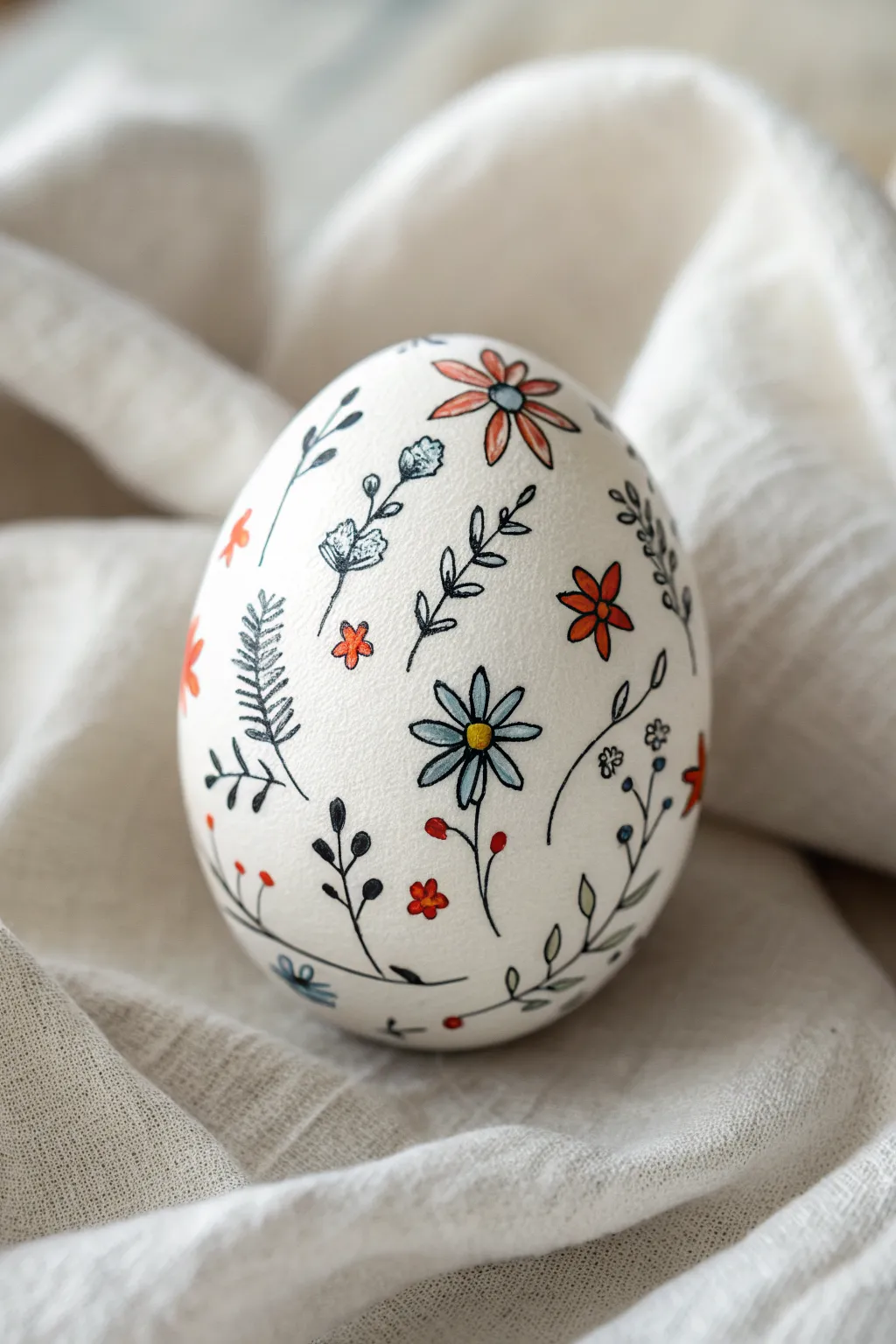 Tiny floral scatter egg doodle on airy linen, Scandinavian minimal style with bold spring color pops