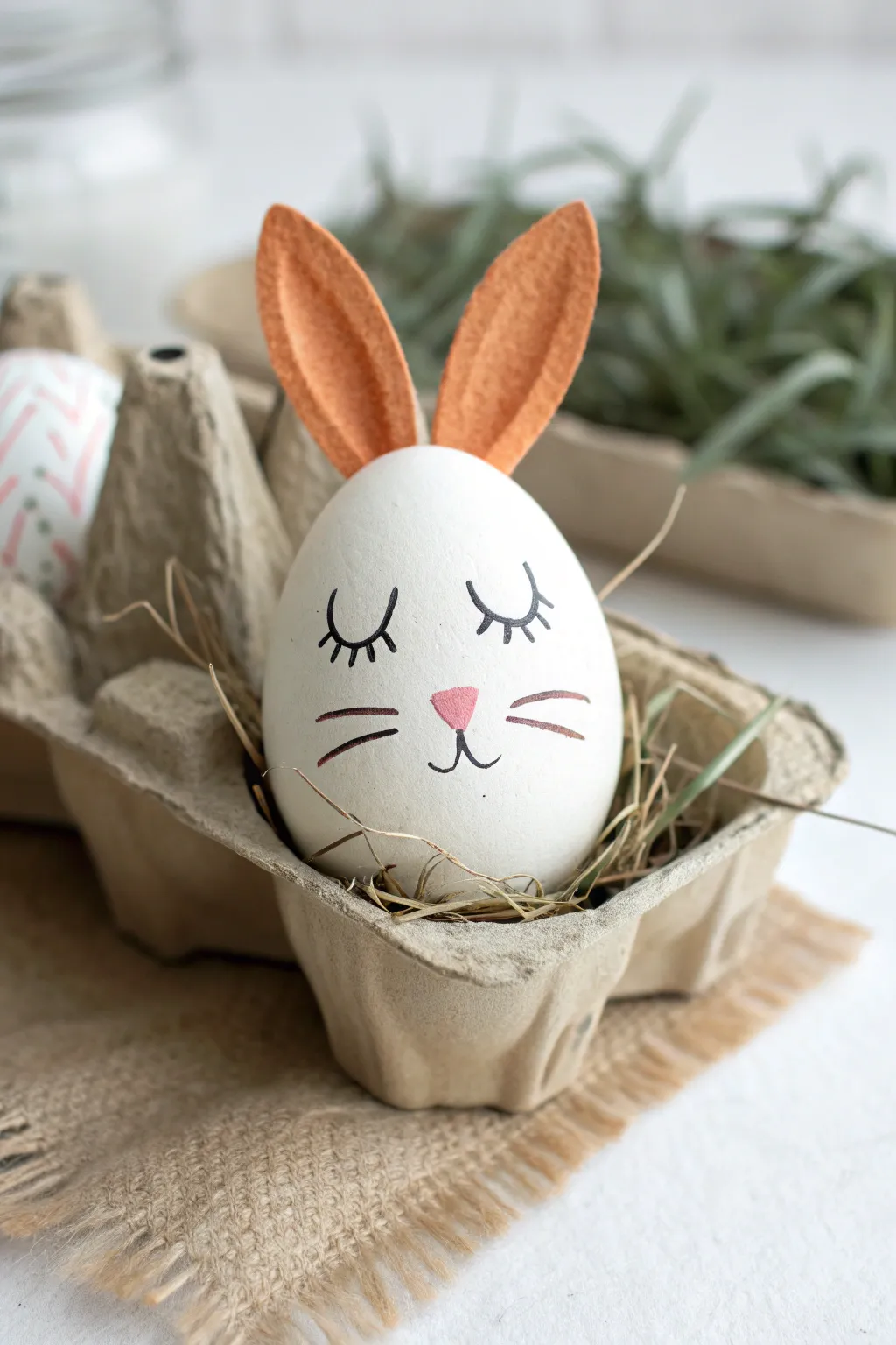 Minimal bunny face egg with felt ears, Scandinavian boho Easter egg painting inspiration