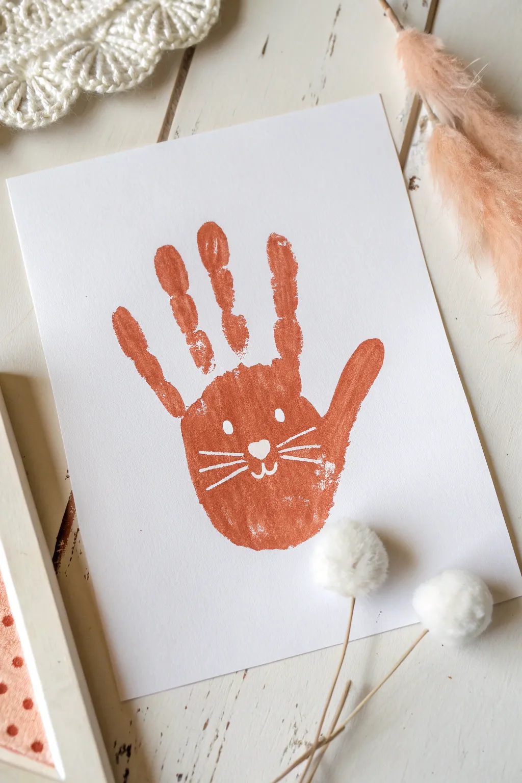 Handprint bunny with a fluffy pom-pom tail, a minimalist Easter craft with bold, modern color.
