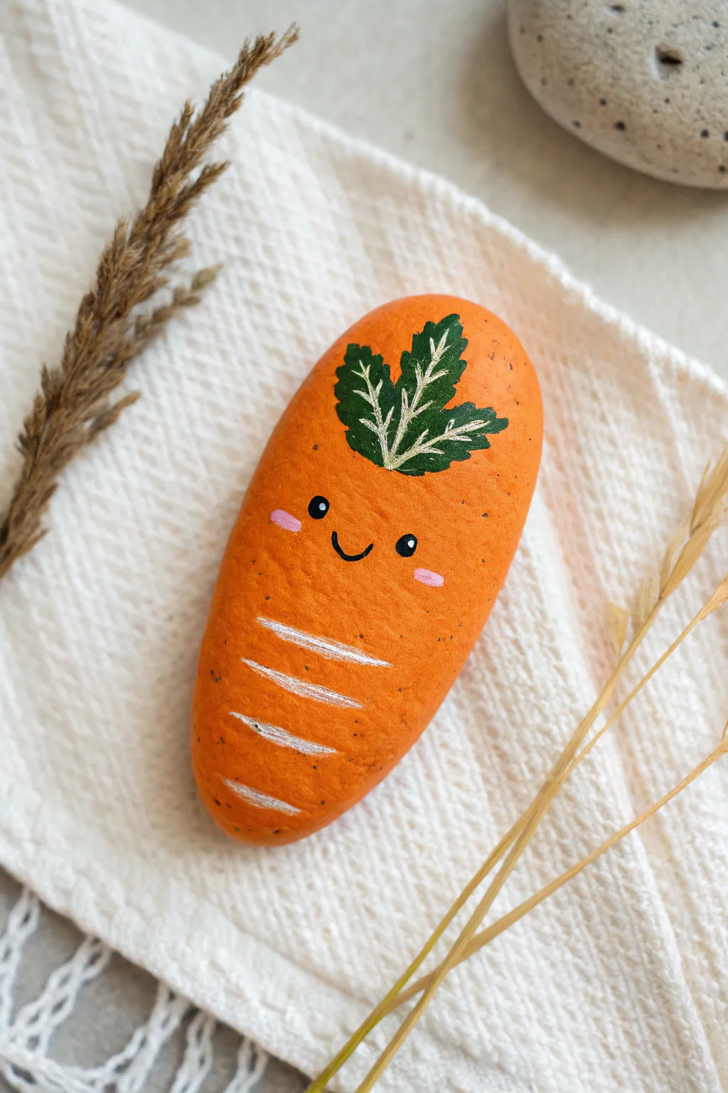 Bright carrot-painted rock with a cute bunny touch, perfect for an Easter bunny treat trail.