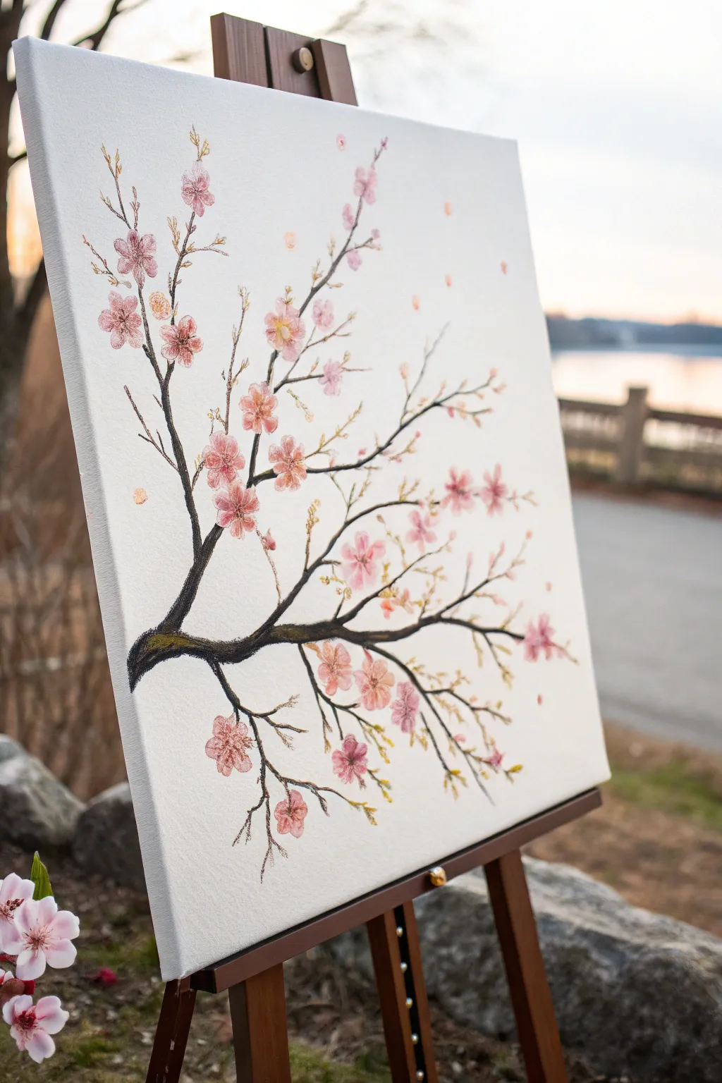 Minimal cherry blossom branch with dot-painted blooms, bold contrast and soft blush tones.