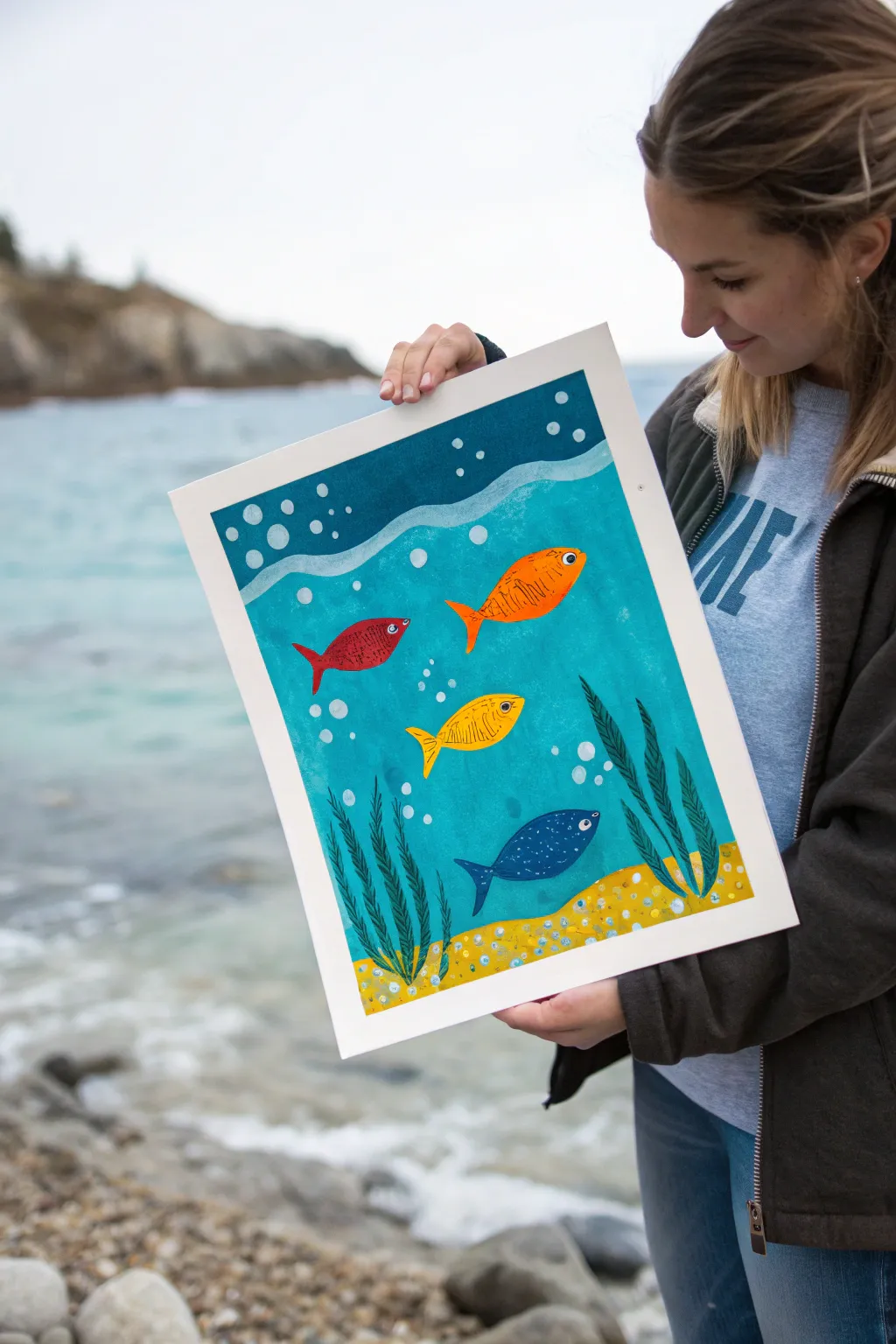 Colorful acrylic fish on turquoise with bubble dots, an easy underwater painting kids can try.