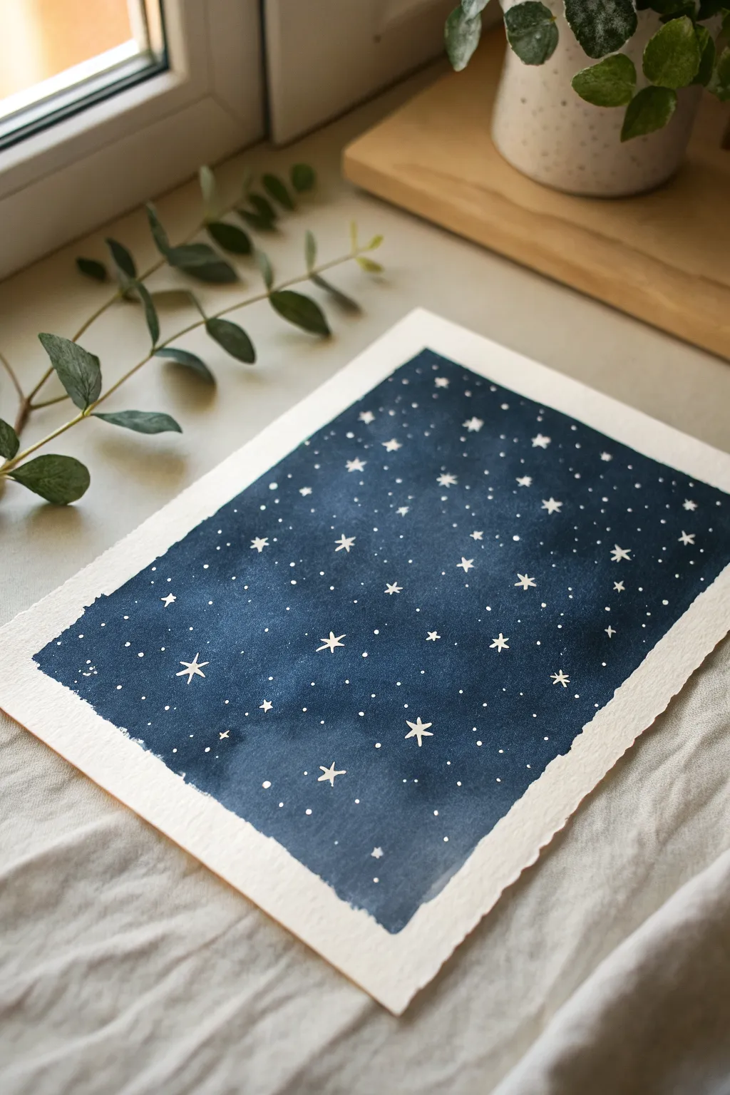 Starry Dot Night background: deep indigo wash with airy white dots and a few brighter stars