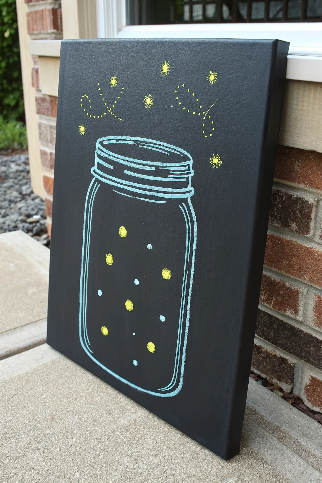 Minimal black canvas with a glowing firefly jar, bold neon dots and calm Nordic-boho vibe.