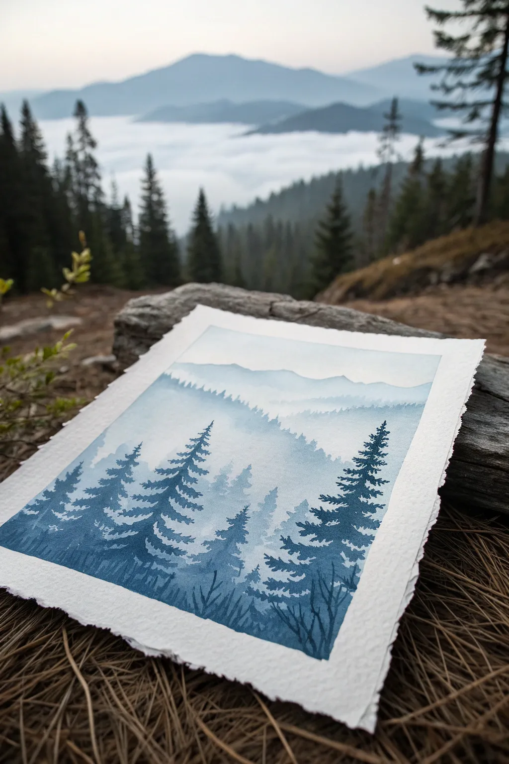 Misty blue forest layers, simple and calming: an easy blue painting idea with dreamy depth.