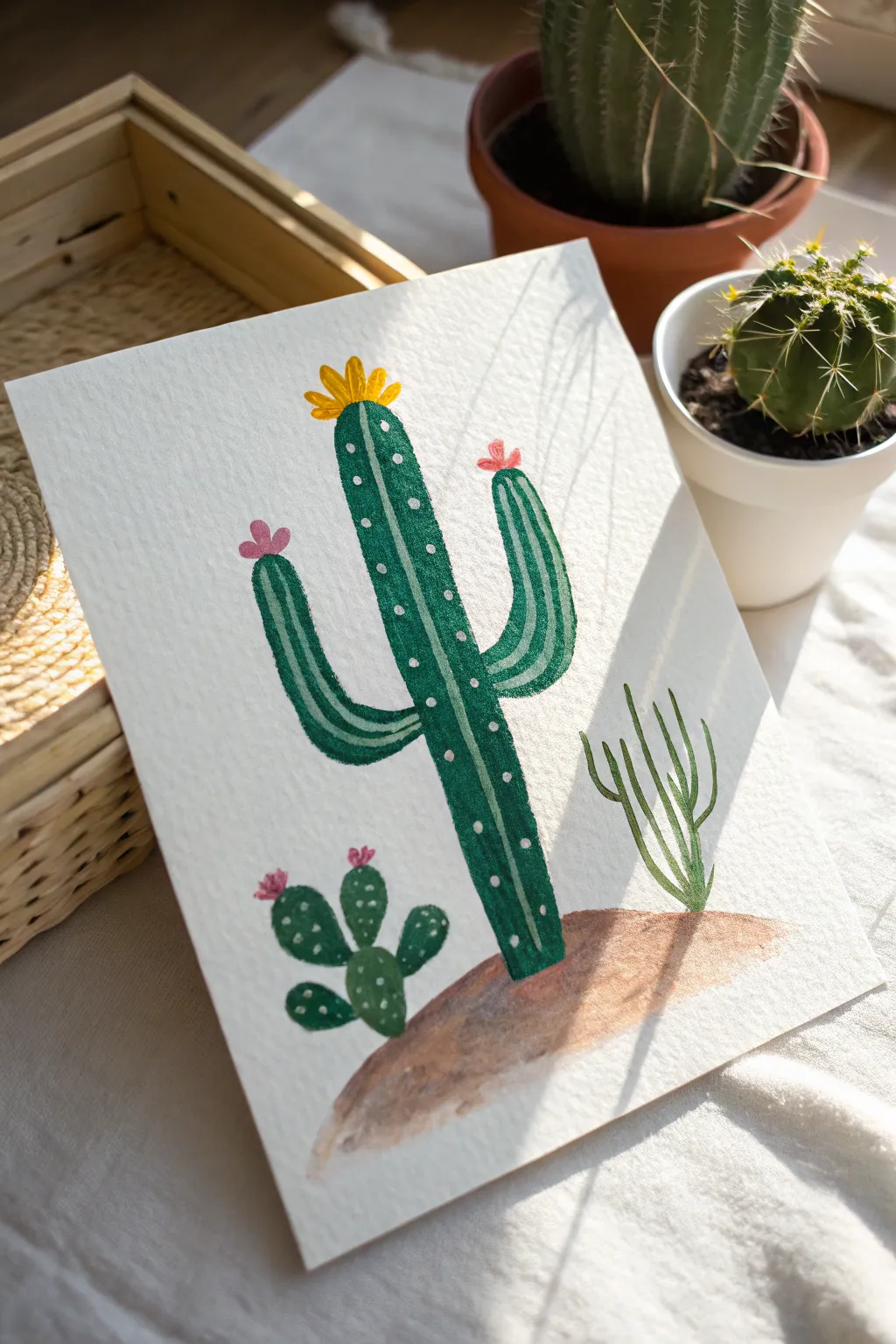 Minimal cactus painting with tiny bloom dabs on top for an easy, colorful finishing touch