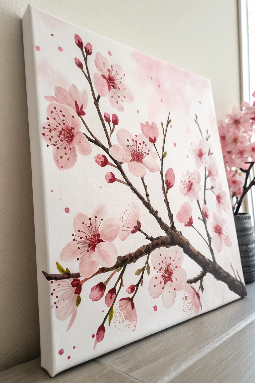 Loose cherry blossoms on a blush pink wash, minimal and airy with bold branch contrast