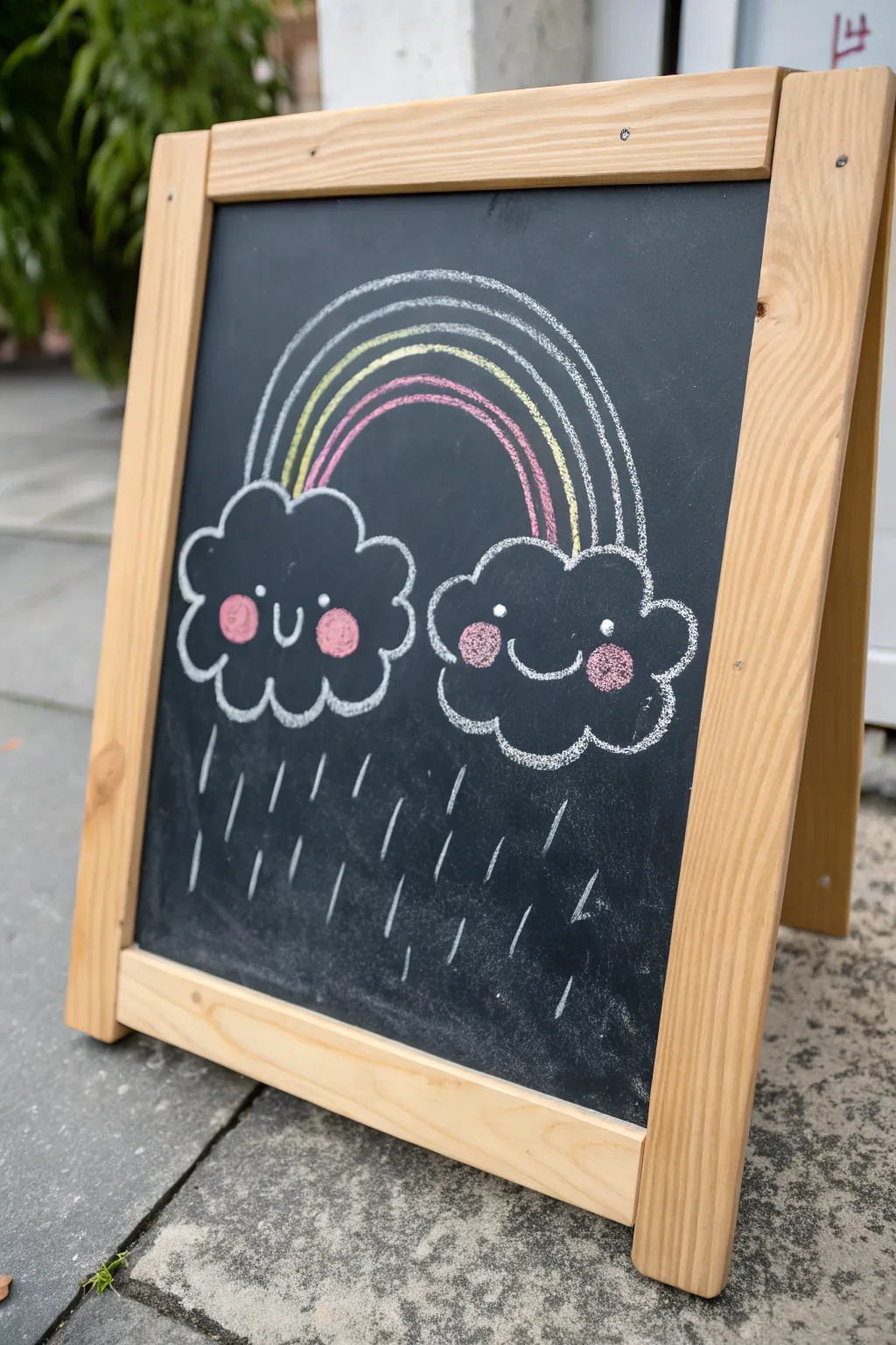 Simple chalk rainbow with cheeky blushing clouds, bold bands and clean lines for easy drawing