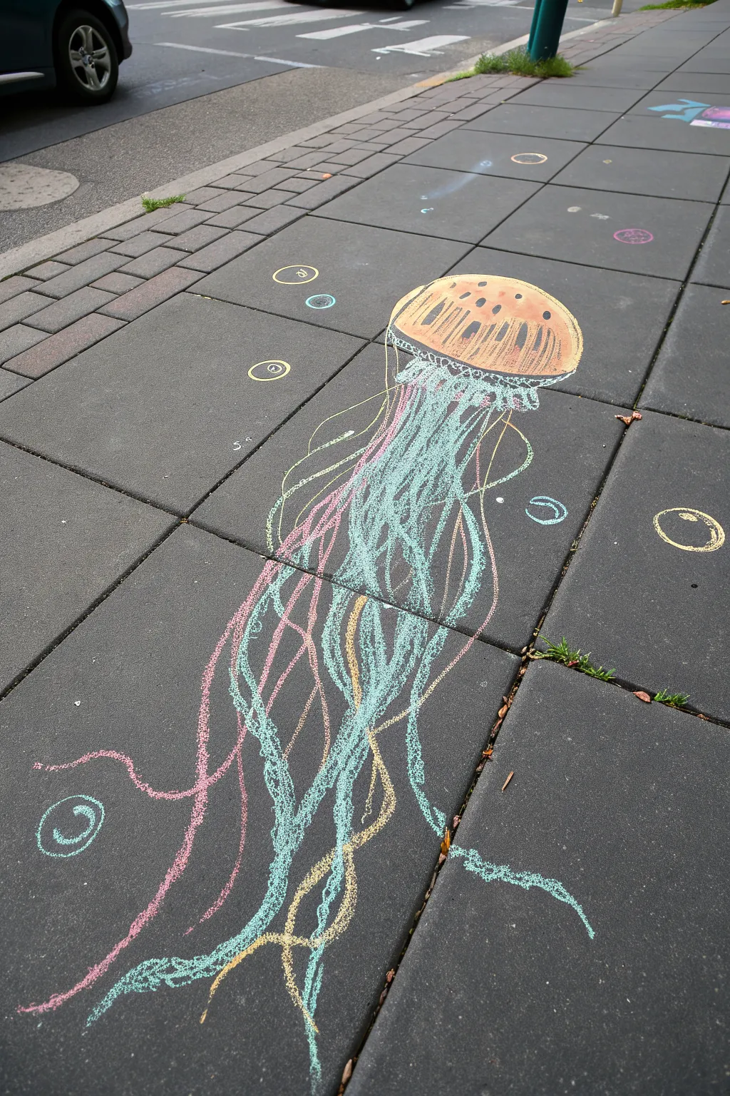 Easy jellyfish chalk art with wiggly tentacles and bubbles, bright and kid friendly