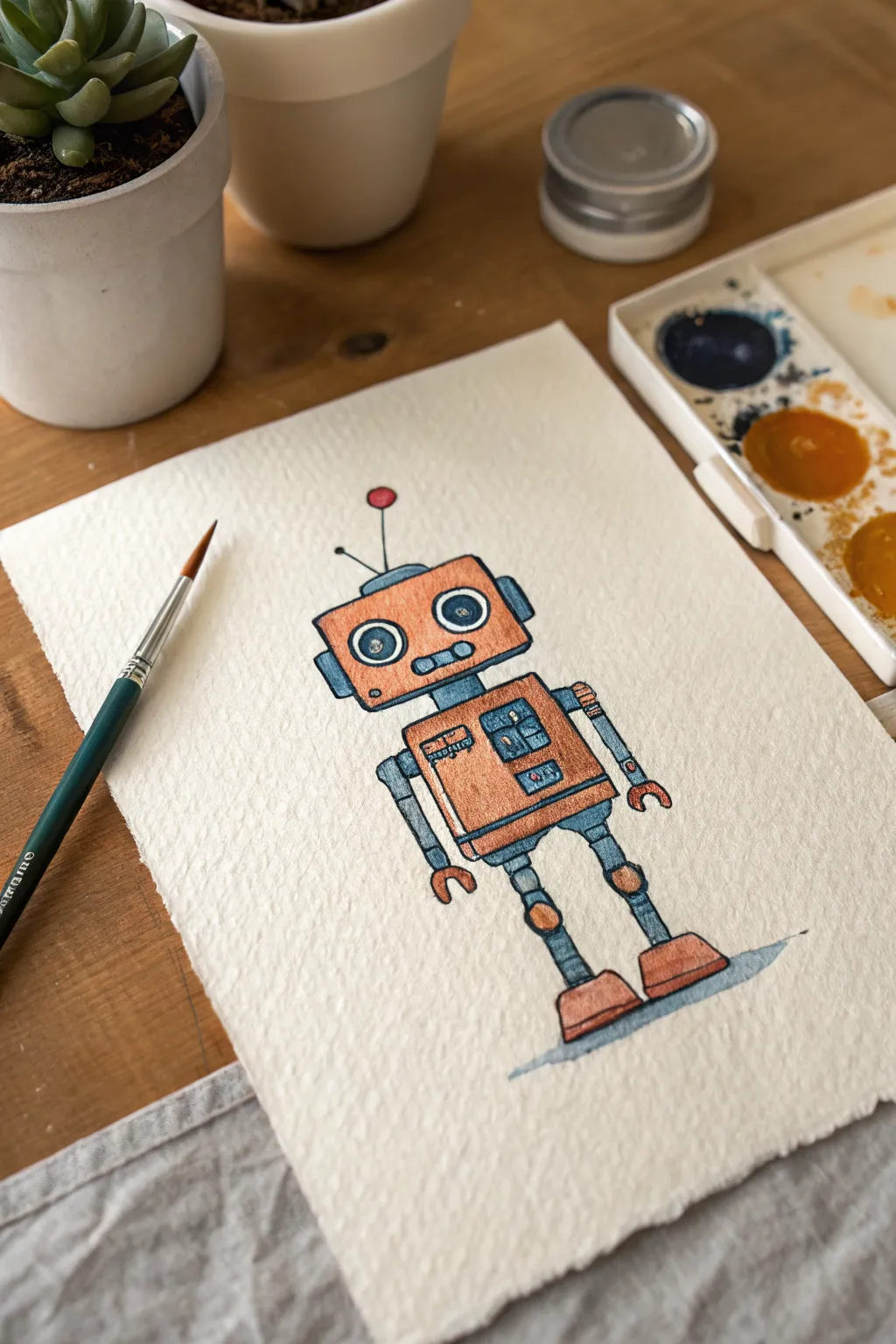 Simple boxy mini robot painting idea with bold color blocks and crisp white shine highlights