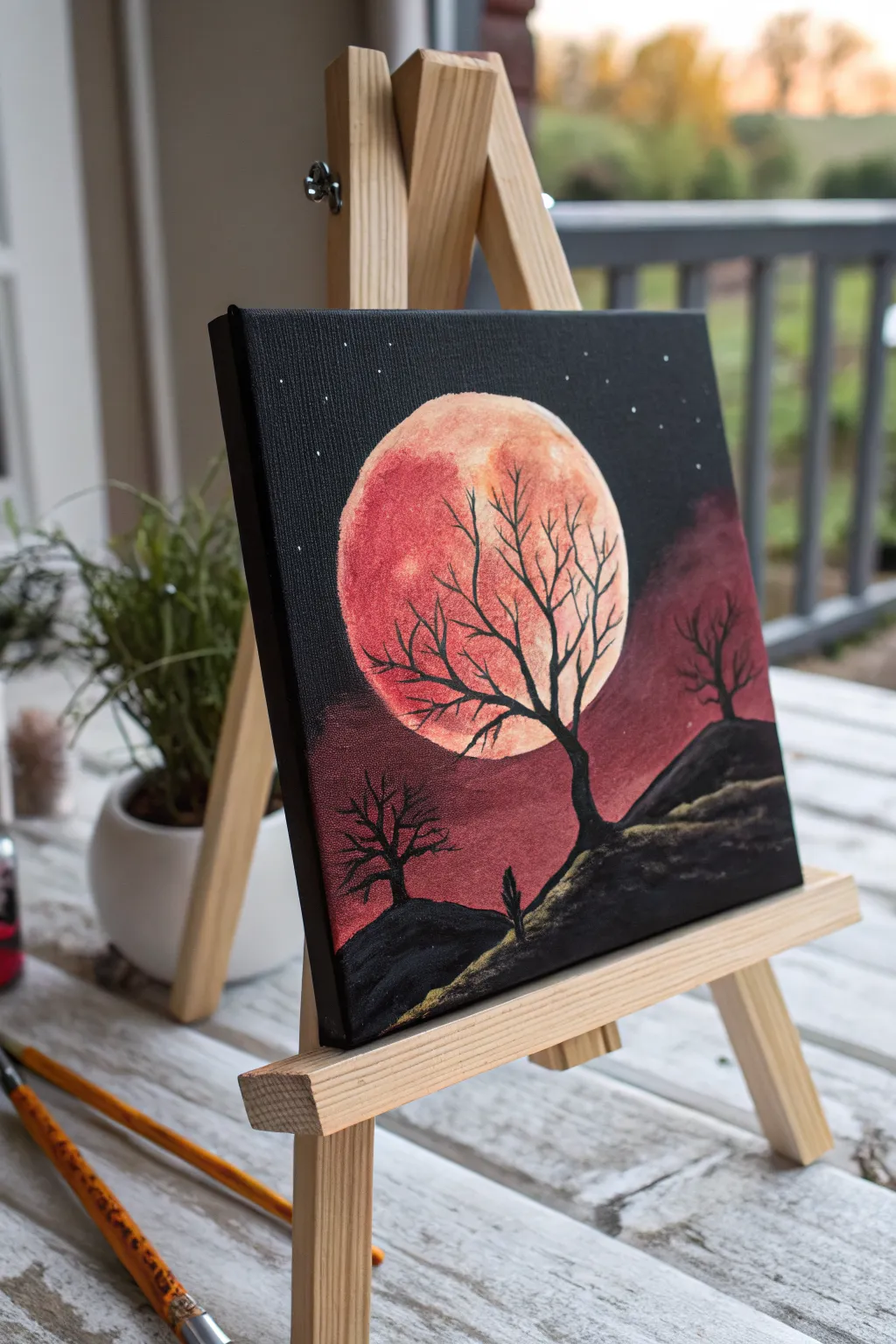 Paint a blood-red moon glowing over black hills for an easy, creepy minimalist acrylic scene.