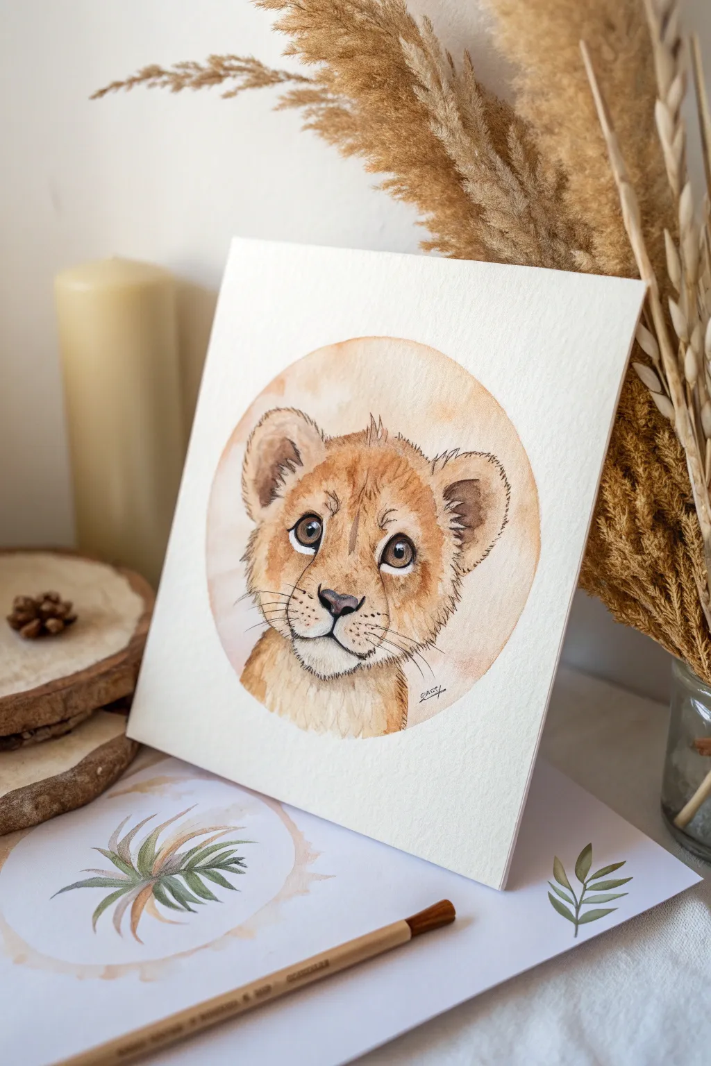 Paint a chibi lion cub face with basic shapes, warm sand tones, bold lines, and a soft savanna glow.